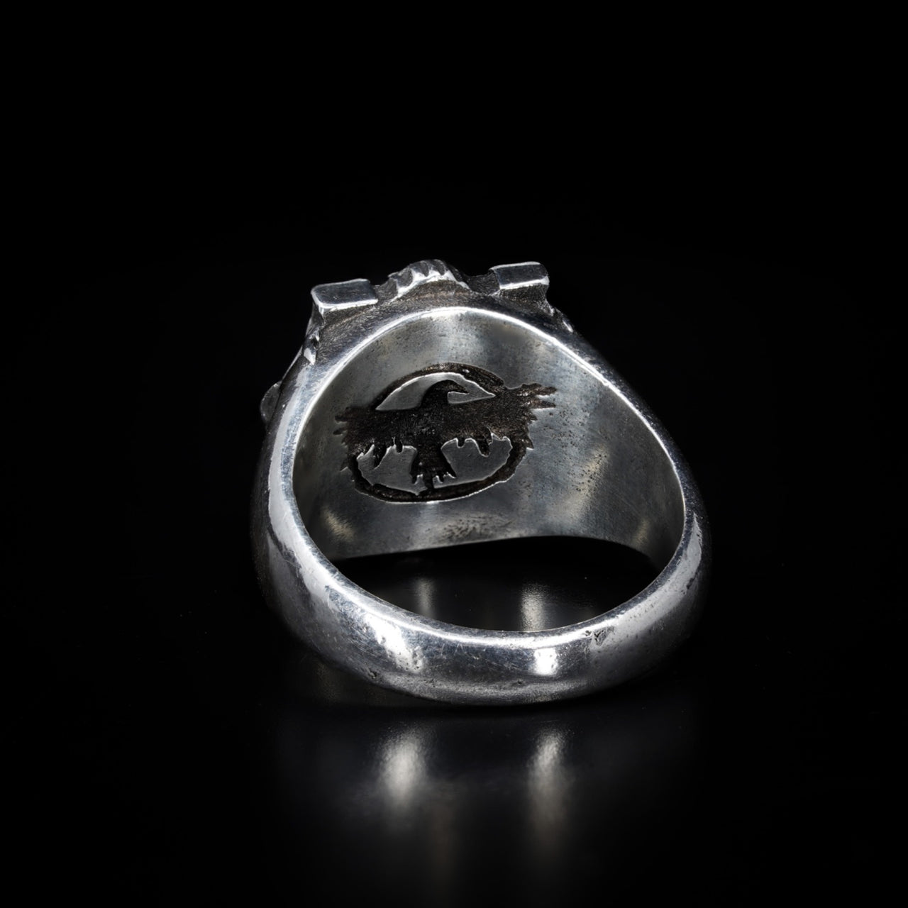 Back of Bloodstock Signet Ring - 925 Silver - Black Feather Design