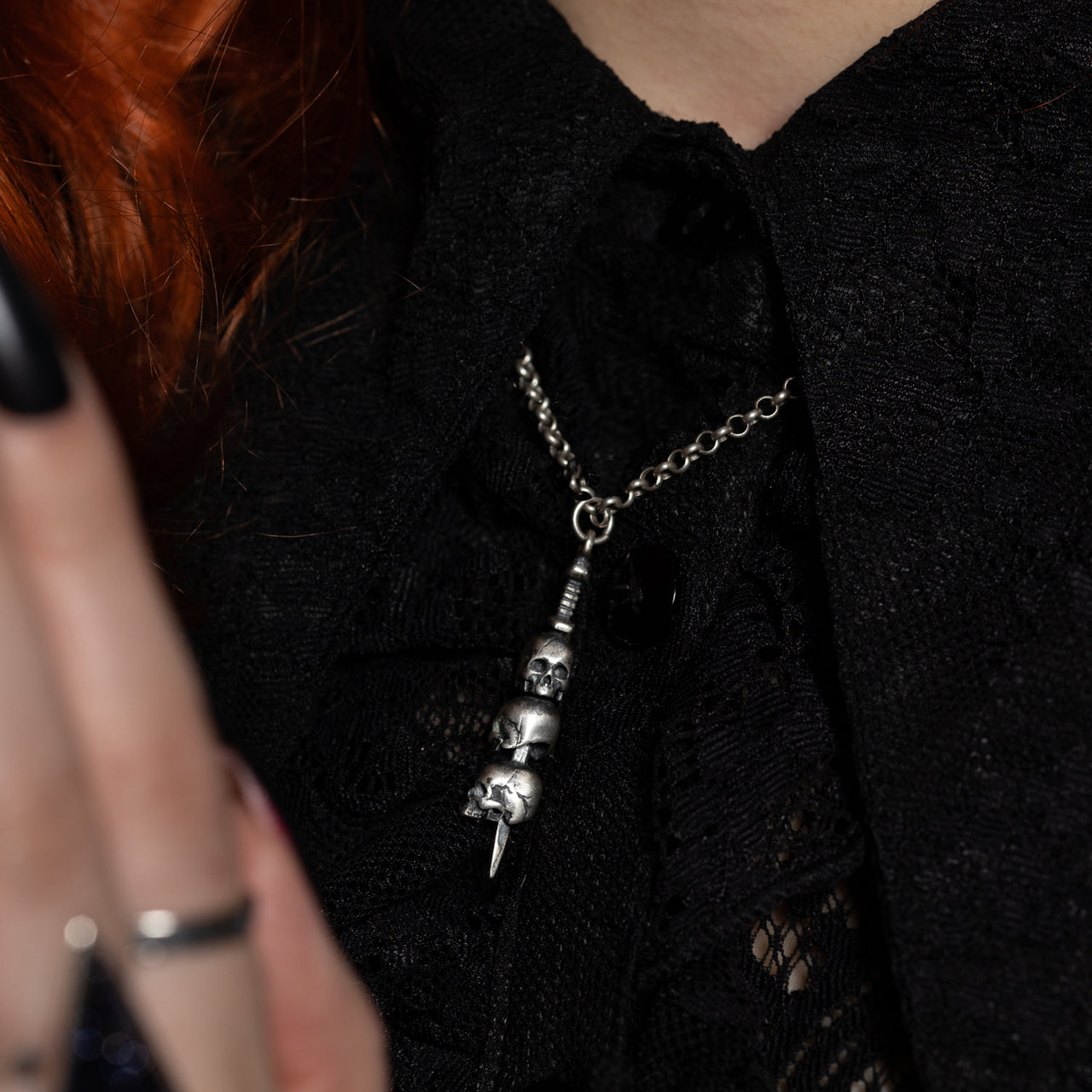 Model Wearing Conquerers Sword Pendant - Sterling Silver Gothic Pendant