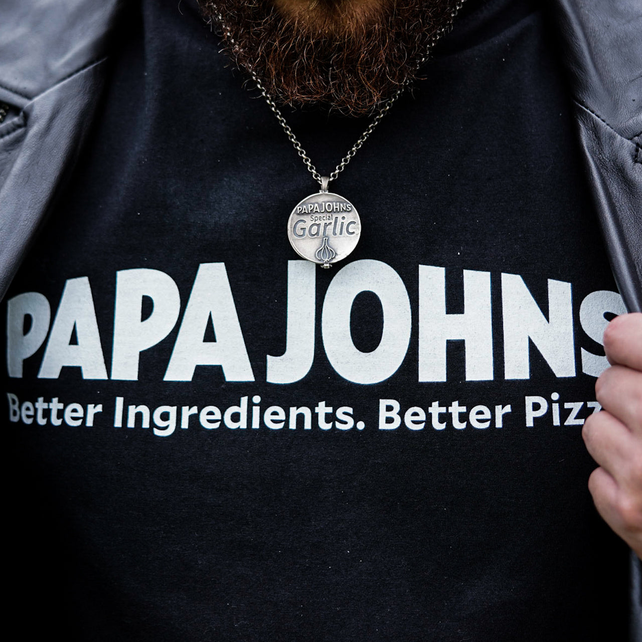 Papa Johns Pendant on model - Gothic Jewellery 