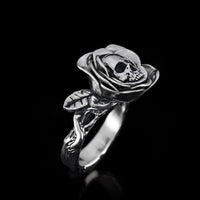 Thumbnail for Skull and rose ring in sterling silver on black background - Black Feather Design