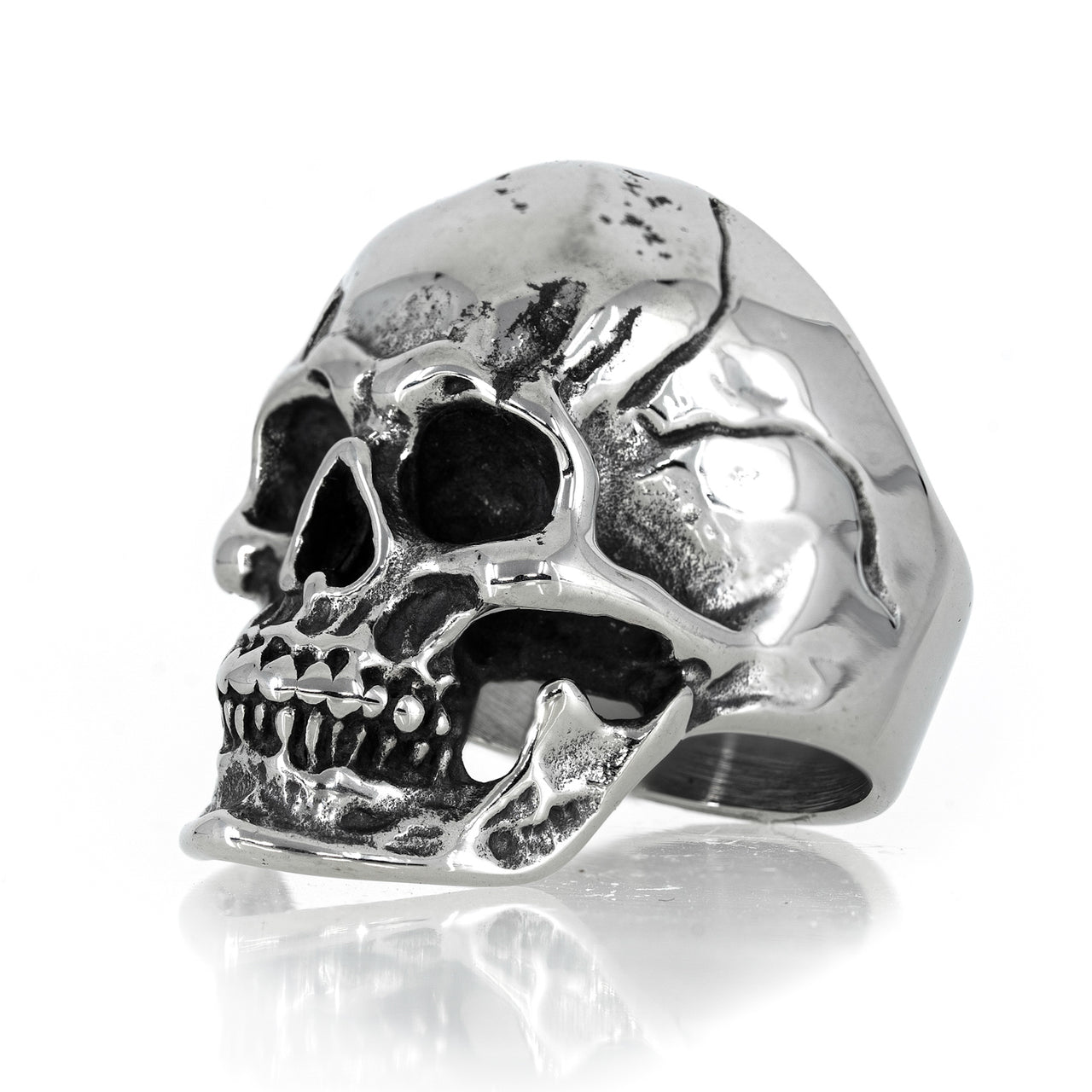 Large Stainless Steel Skull Ring - Black Feather Design