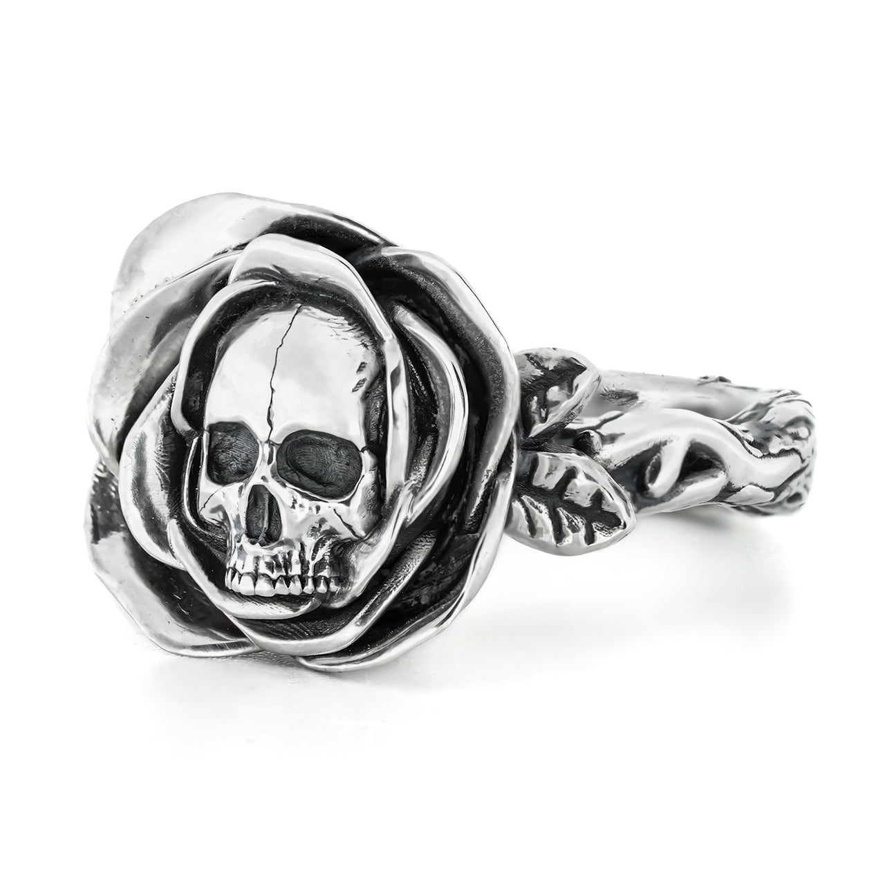 Skull and rose ring in sterling silver - handmade - Black Feather Design