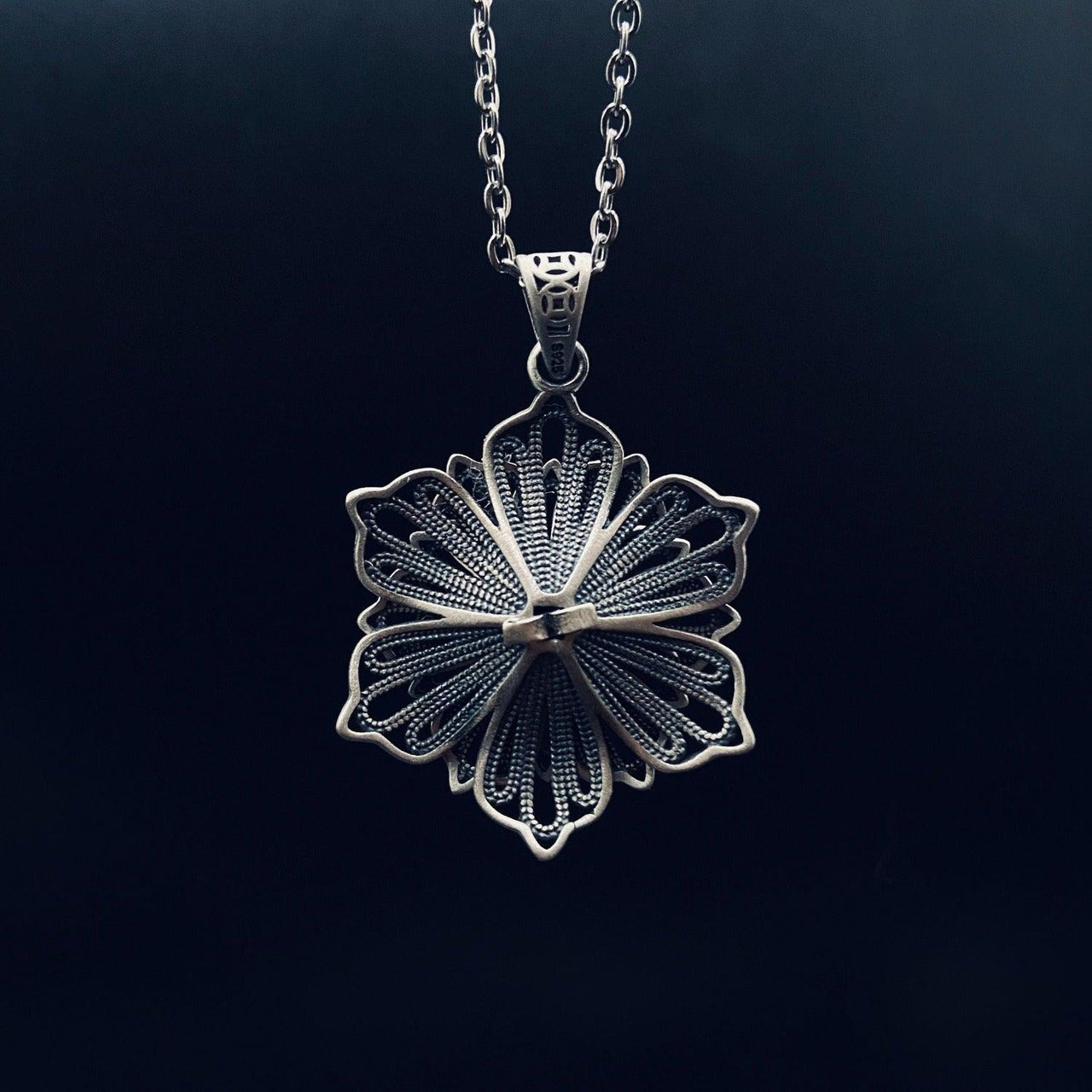 Back of Sterling Silver Lotus Pendant - Black Feather Design