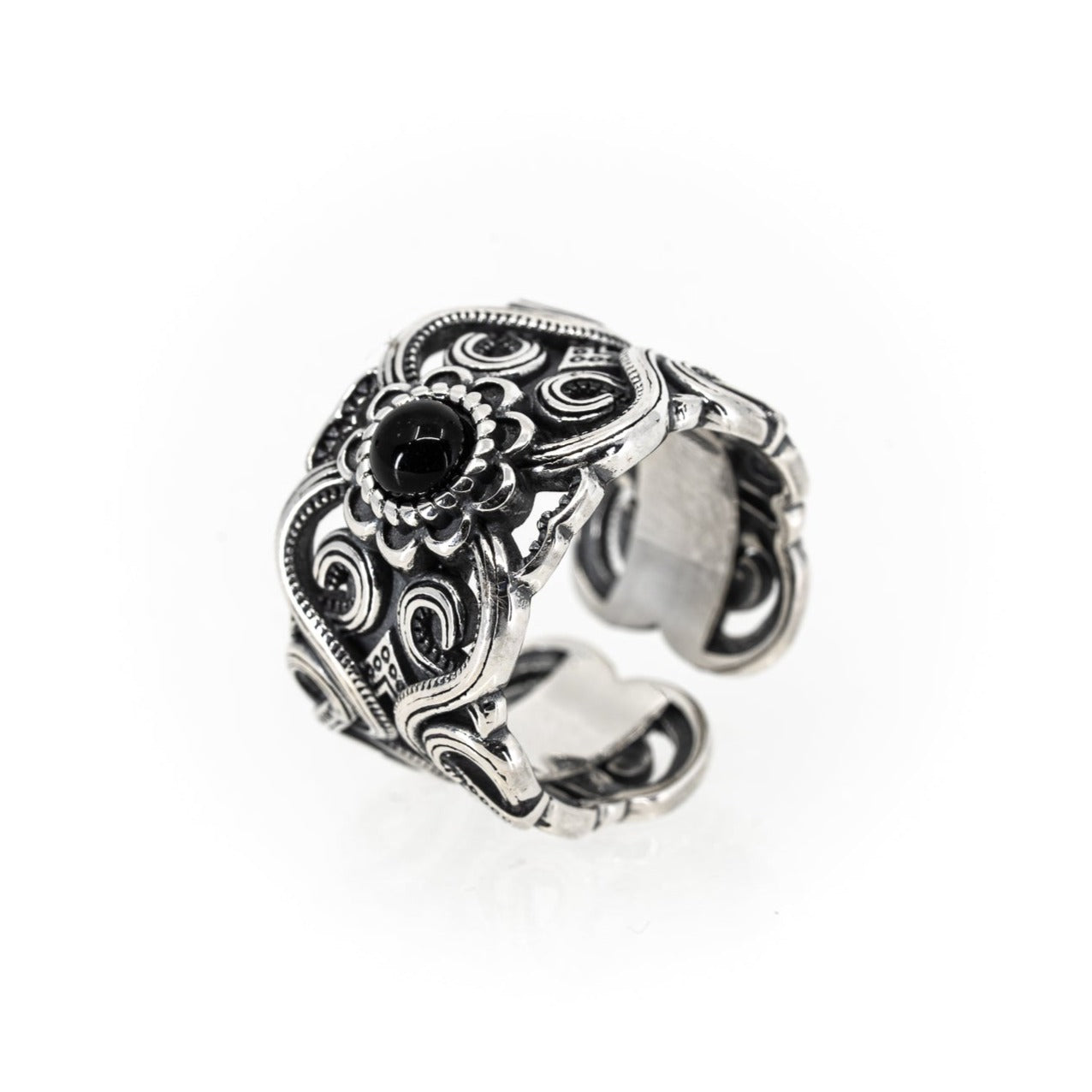 Sterling Silver Celtic pattern Ring with black gem by Black Feather Design