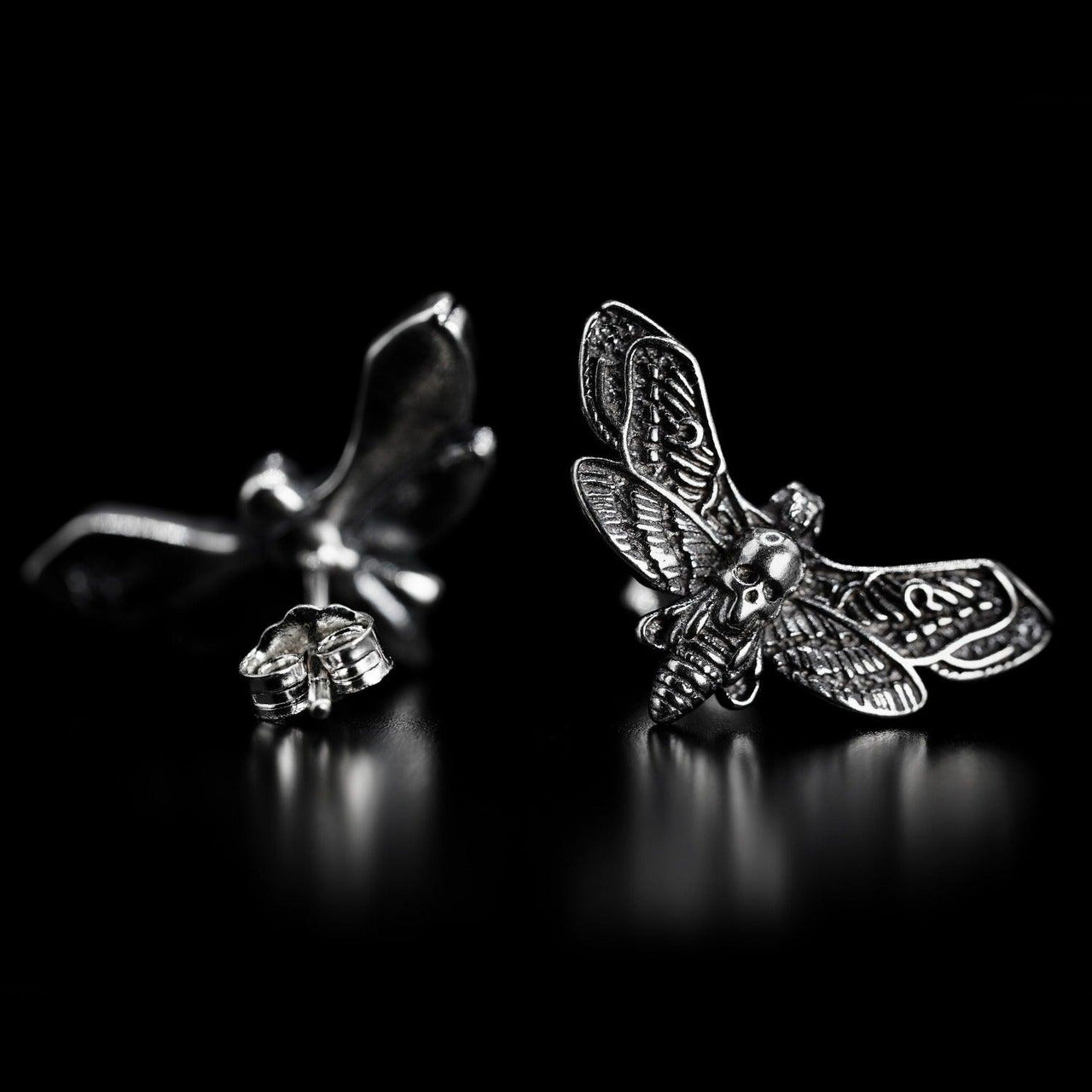 925 Sterling Silver Moth Stud Earrings - Black Feather Design