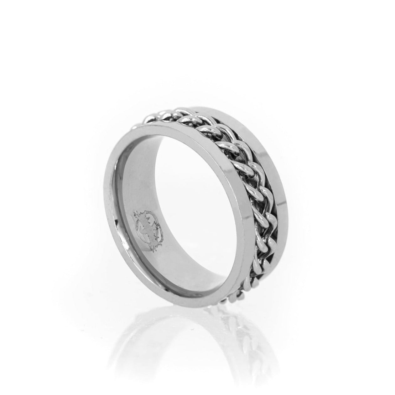 Stainless Steel Curb Chain Spinner Ring - Anxiety Ring - Black Feather Design