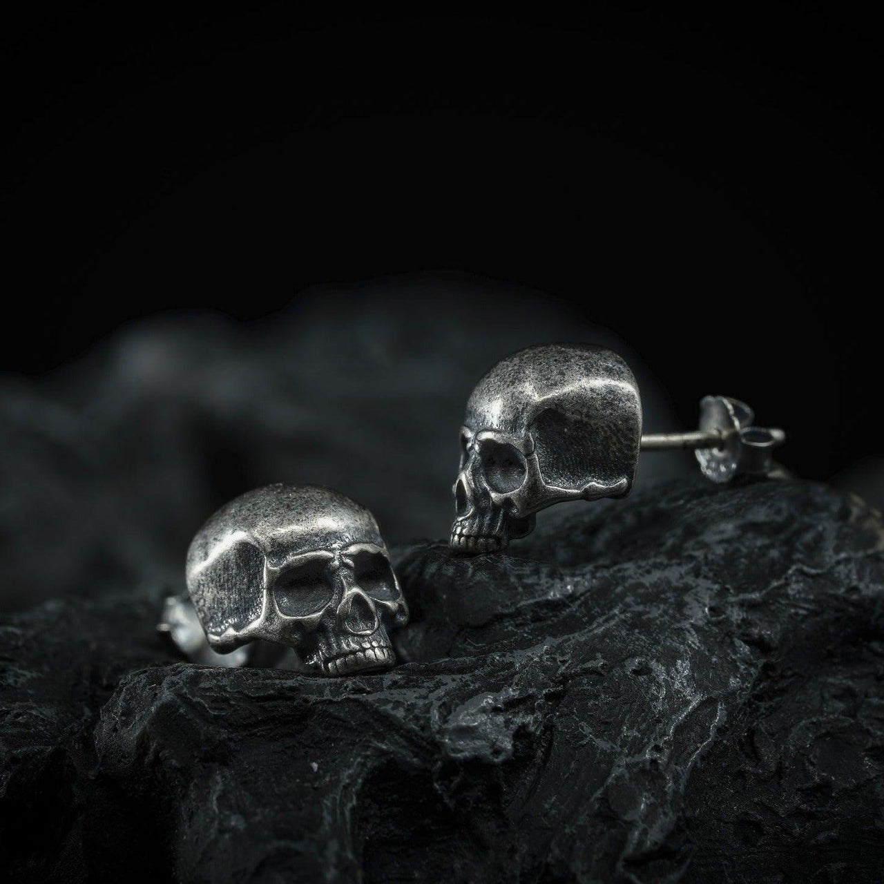 Jawless - Black Feather Design Skull Earrings - 925 Sterling Silver