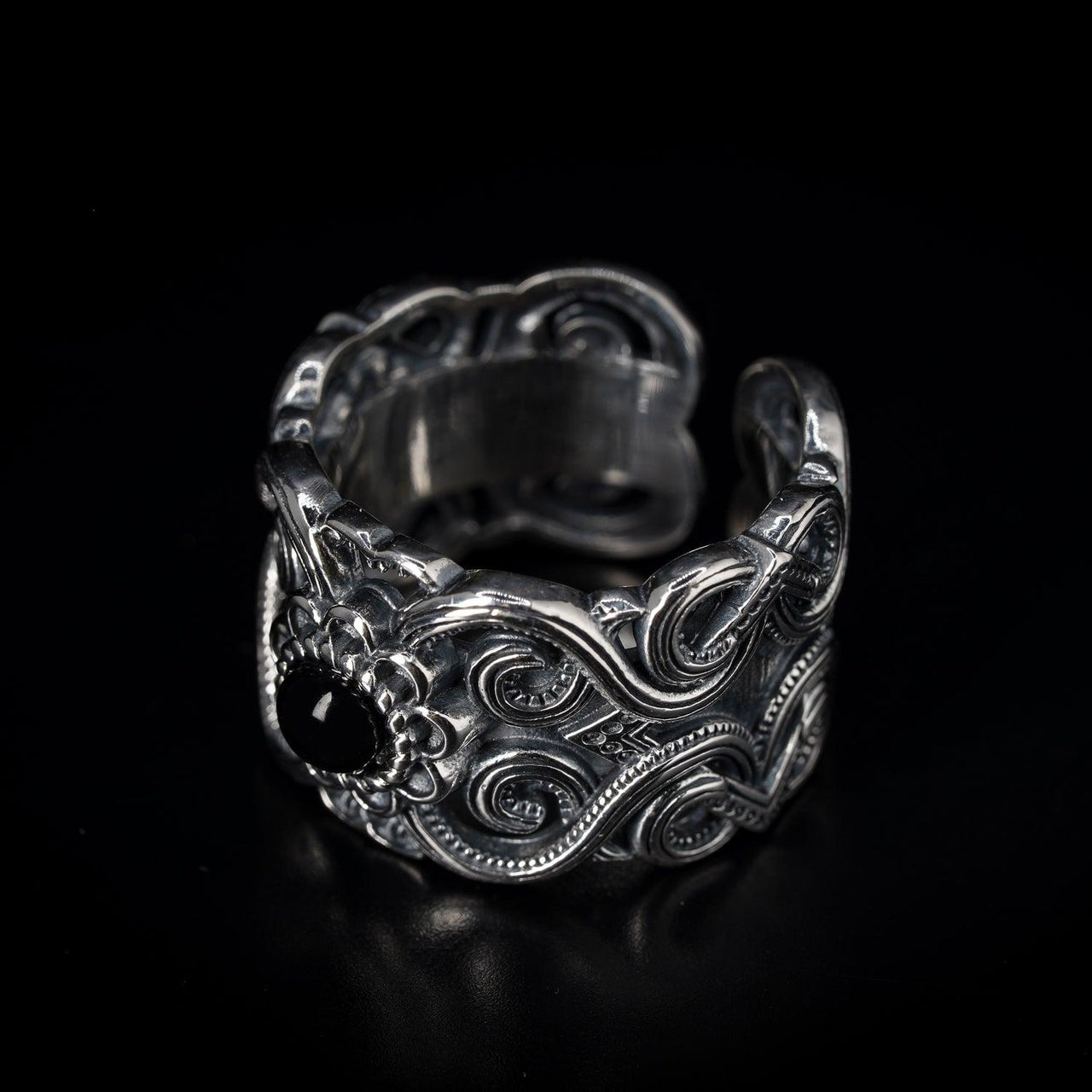 Sterling Silver Adjustable Tibetan Ring - Black Feather Design