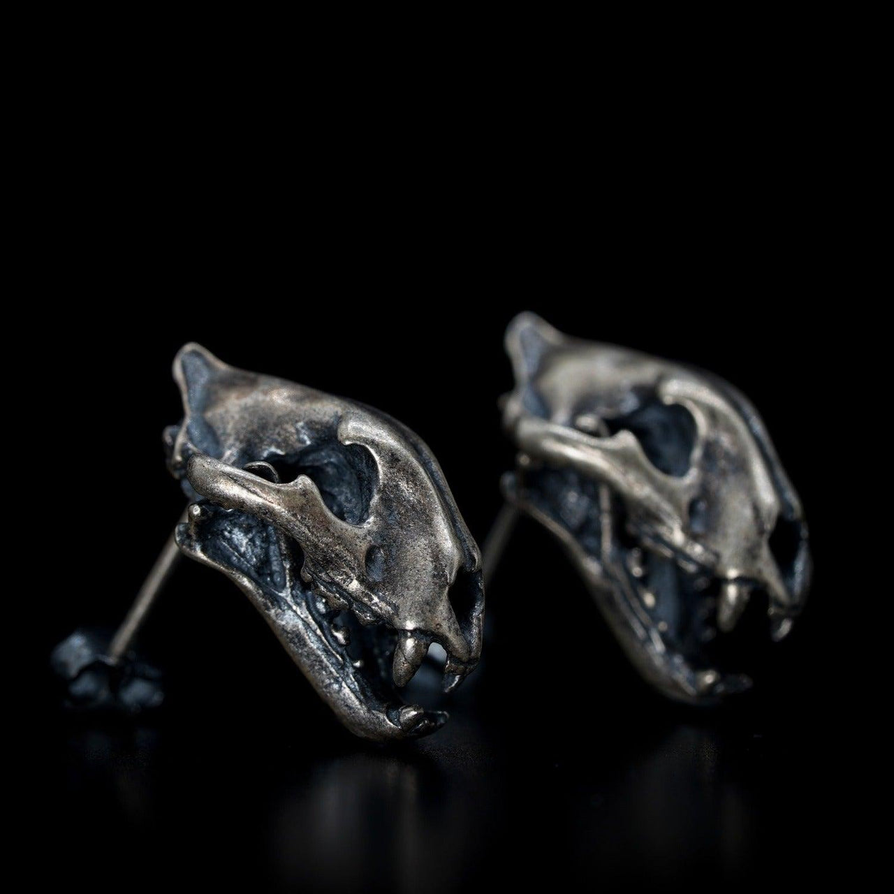 Tiger Skull Stud earrings in 925 Sterling Silver by Black Feather Design