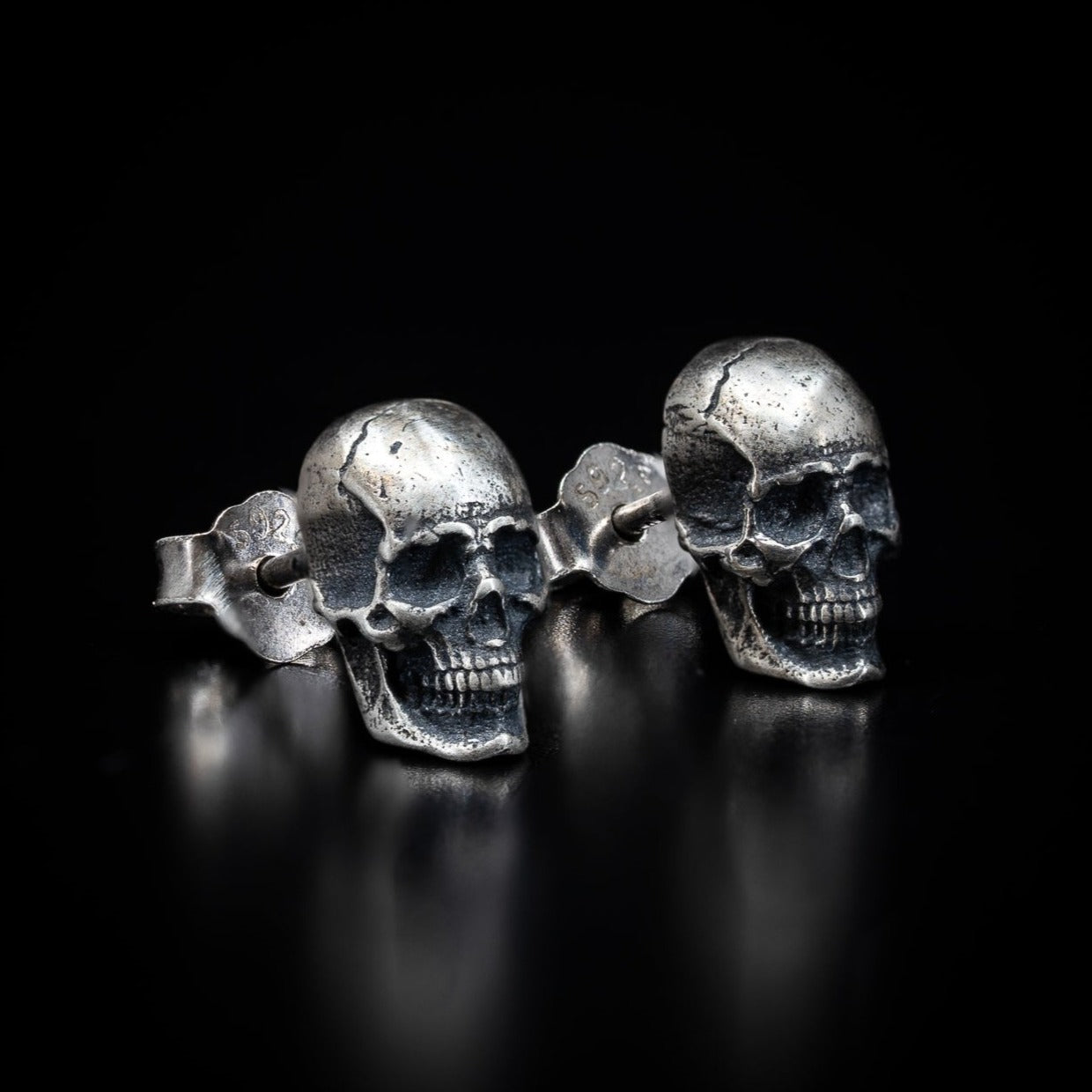 Gothic Skull Stud Earrings in Sterling Silver by Black Feather Design