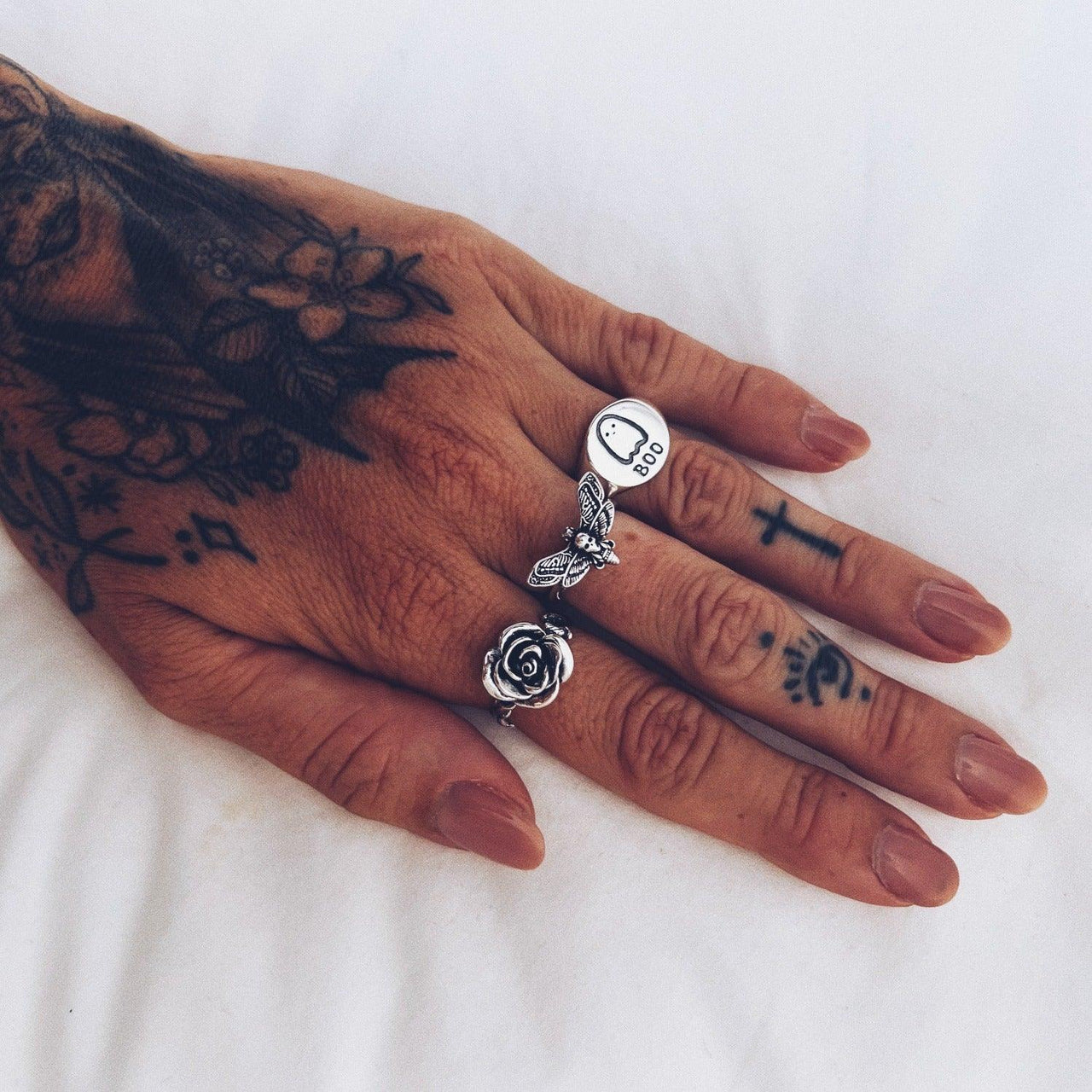 Black Feather Design's Rose Ring, Boo Ring & Moth Ring