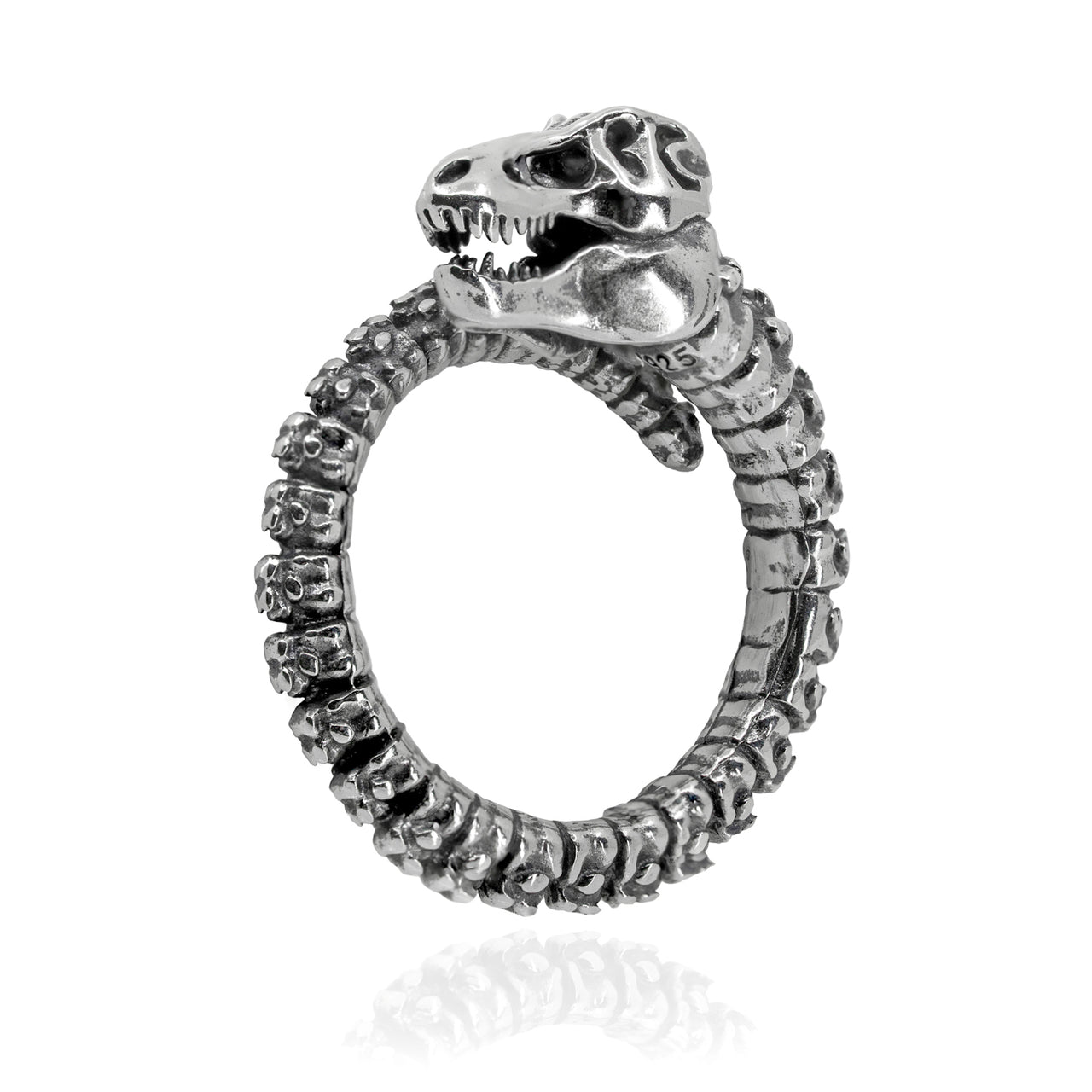 Sterling Silver Monster T-Rex Ring on white background - Black Feather Design