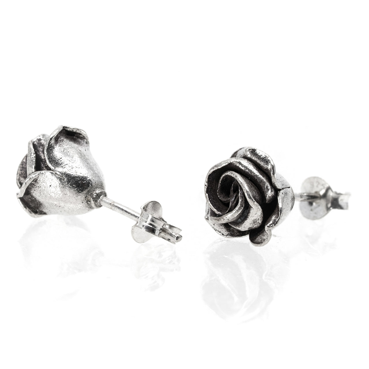 Sterling Silver Gothic Rose Stud Earrings - Black Feather Design