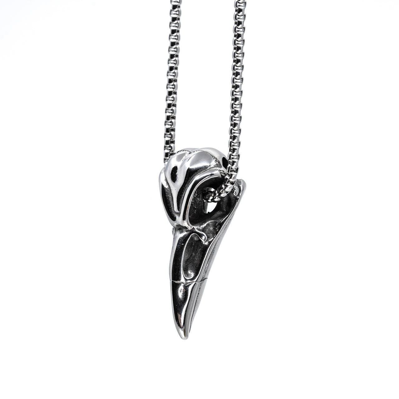 Stainless Steel Raven Skull Pendant - Black Feather Design