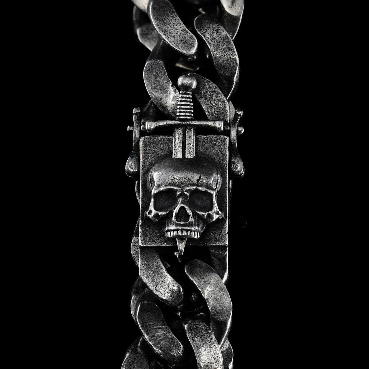 Conquered Bracelet - Sterling Silver Sword and Skull Clasp - Black Feather Design