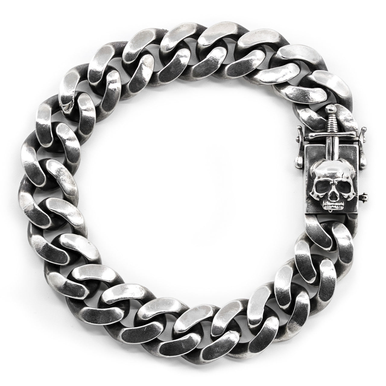 Conquered Bracelet - Sterling Silver Sword and Skull Clasp - Black Feather Design