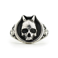 Thumbnail for Front Facing Horned Skull Ring - Gothic Style - 925 Sterling Silver - Black Feather Design