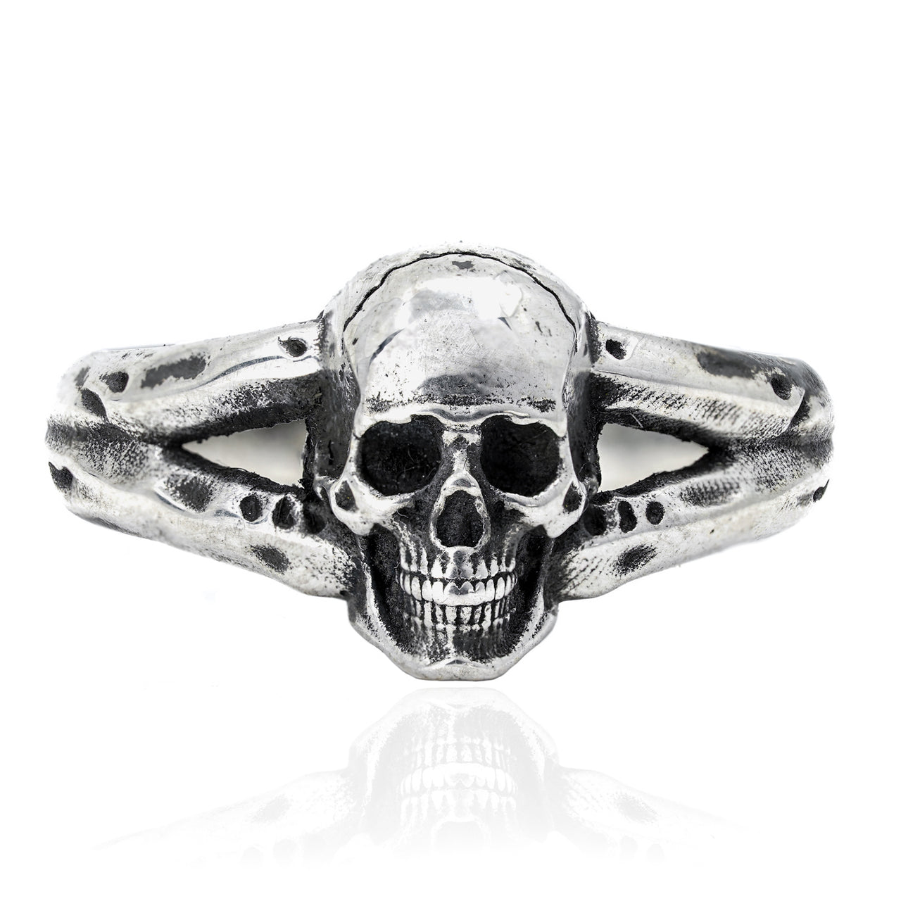 Small Skull Ring - Sterling Silver - Black Feather Design