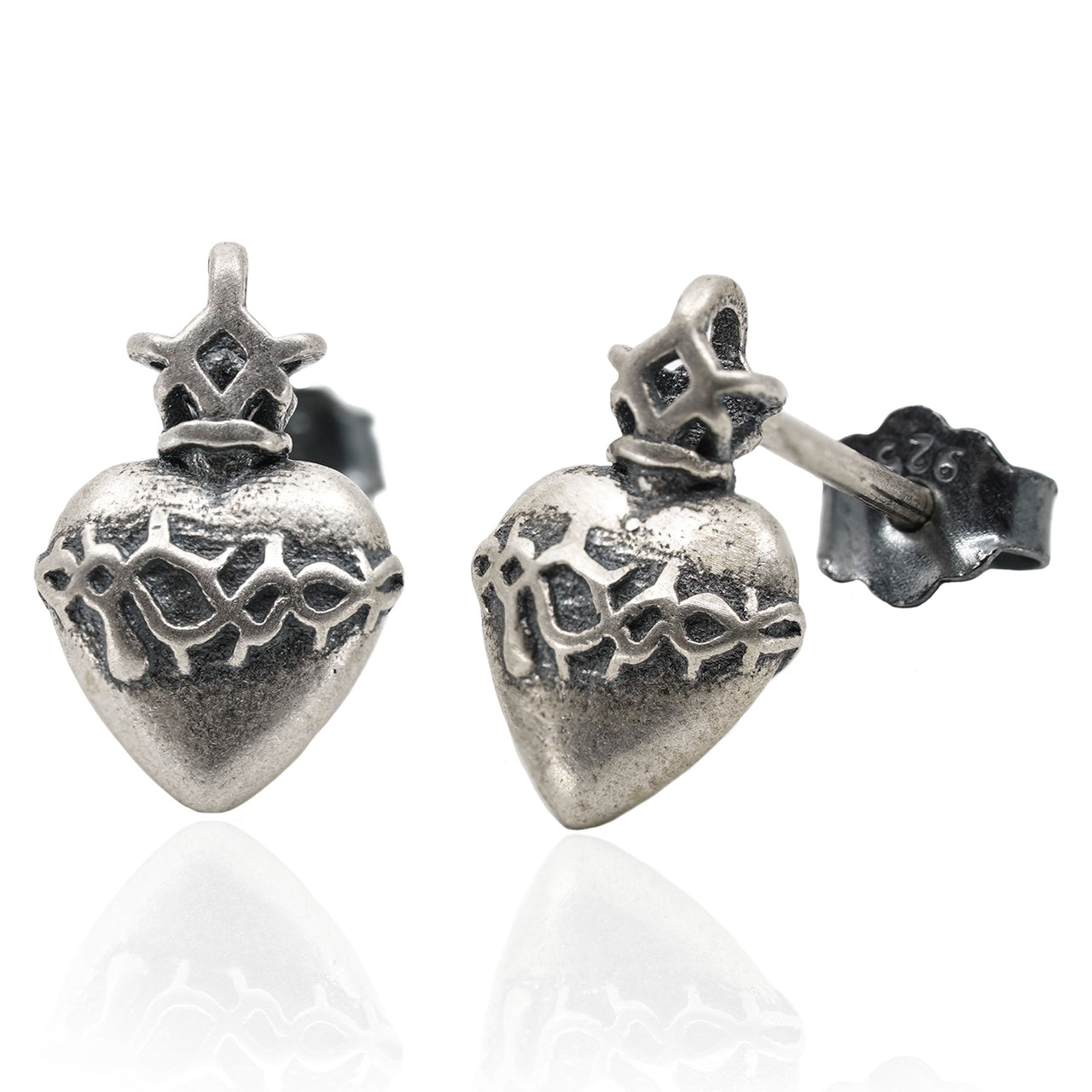 Sterling Silver Love Heart Earrings - Black Feather Design