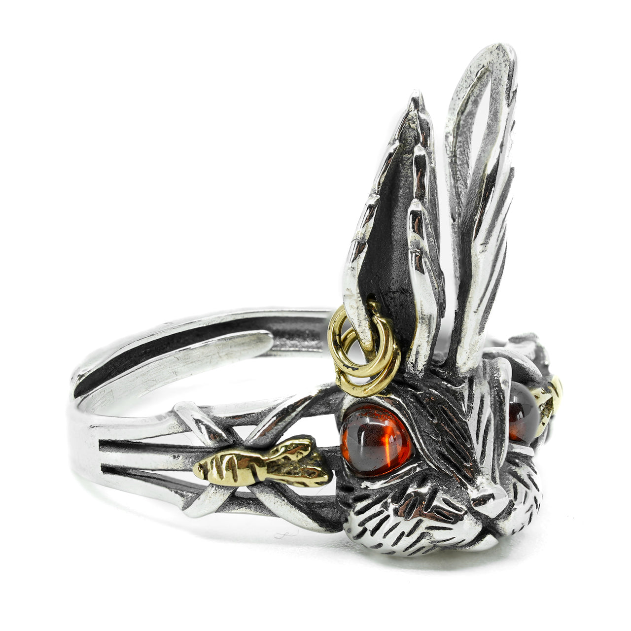 925 Sterling Silver Rabbit Ring - Black Feather Design
