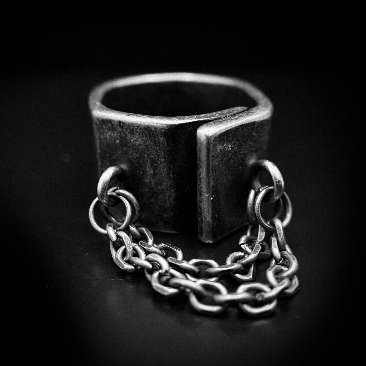 Stainless Steel Industrial Chain Ring - Black Feather Design