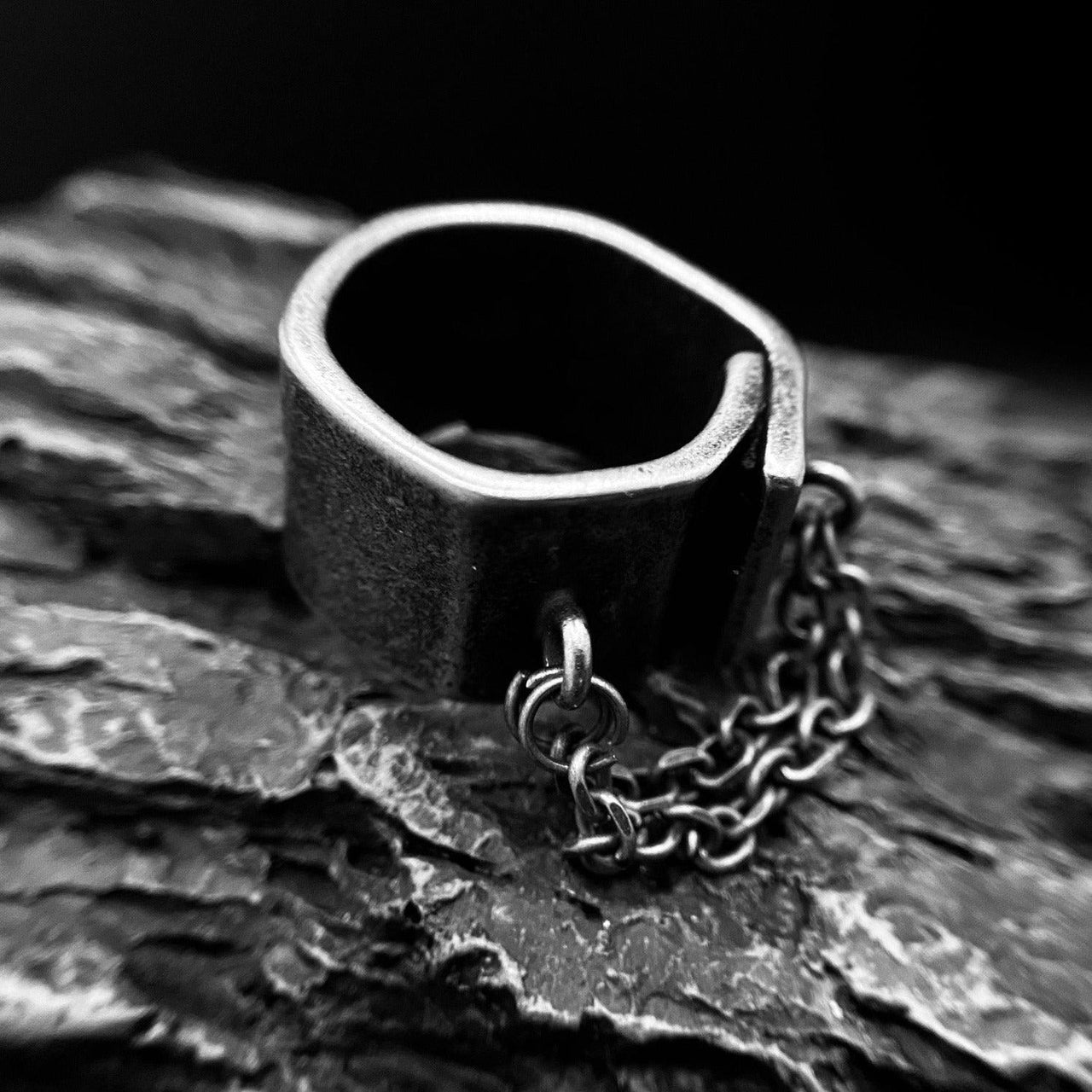 Gothic Industrial Chain Ring - Black Feather Design