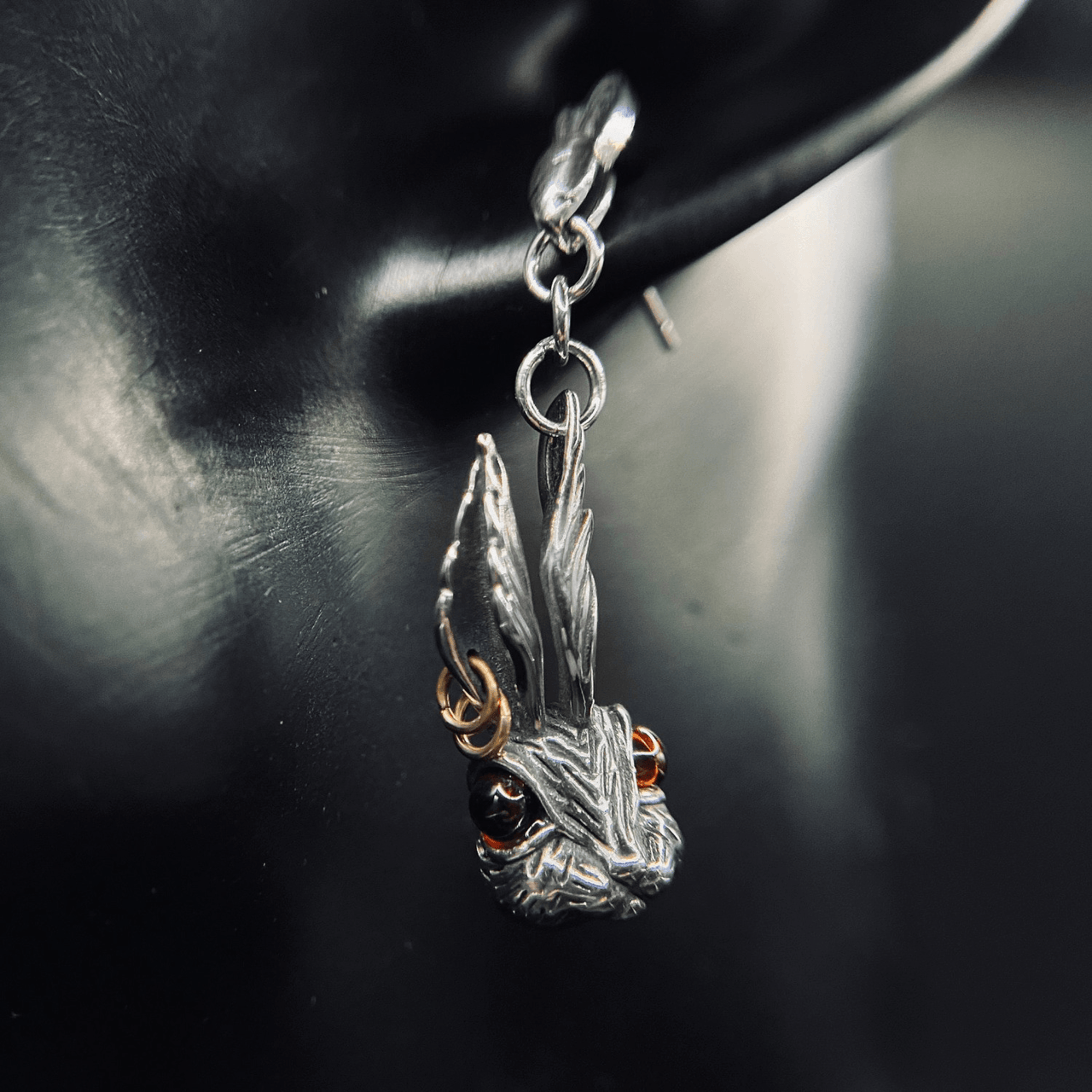 925 Sterling Silver Rabbit Earrings with Red eyes and gold details