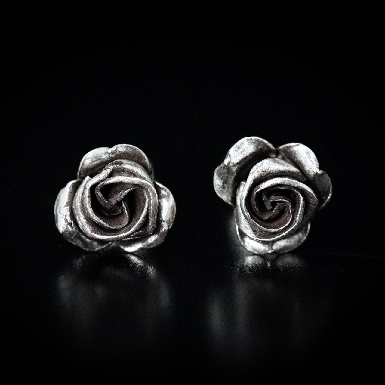 Sterling Silver Rose Stud Earrings - Black Feather Design