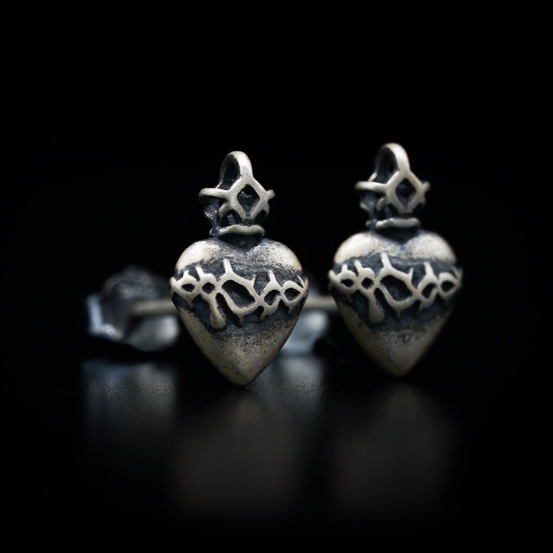 Sterling Silver Love Heart Earrings - Black Feather Design