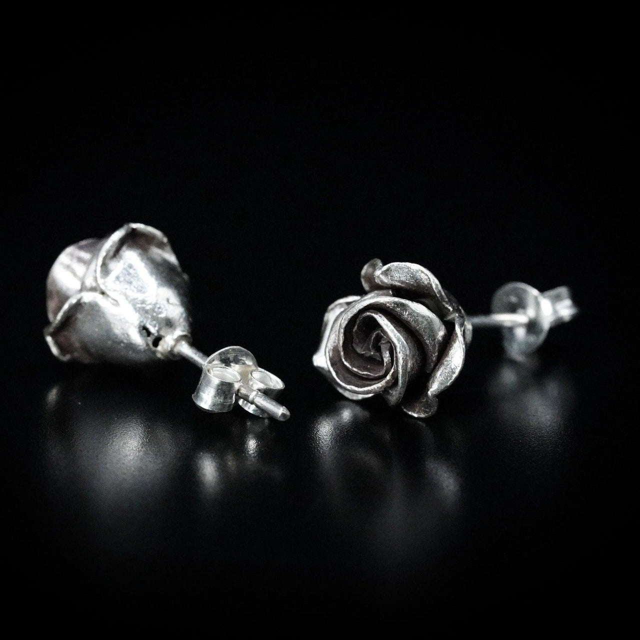 Sterling Silver Rose Stud Earrings - Black Feather Design