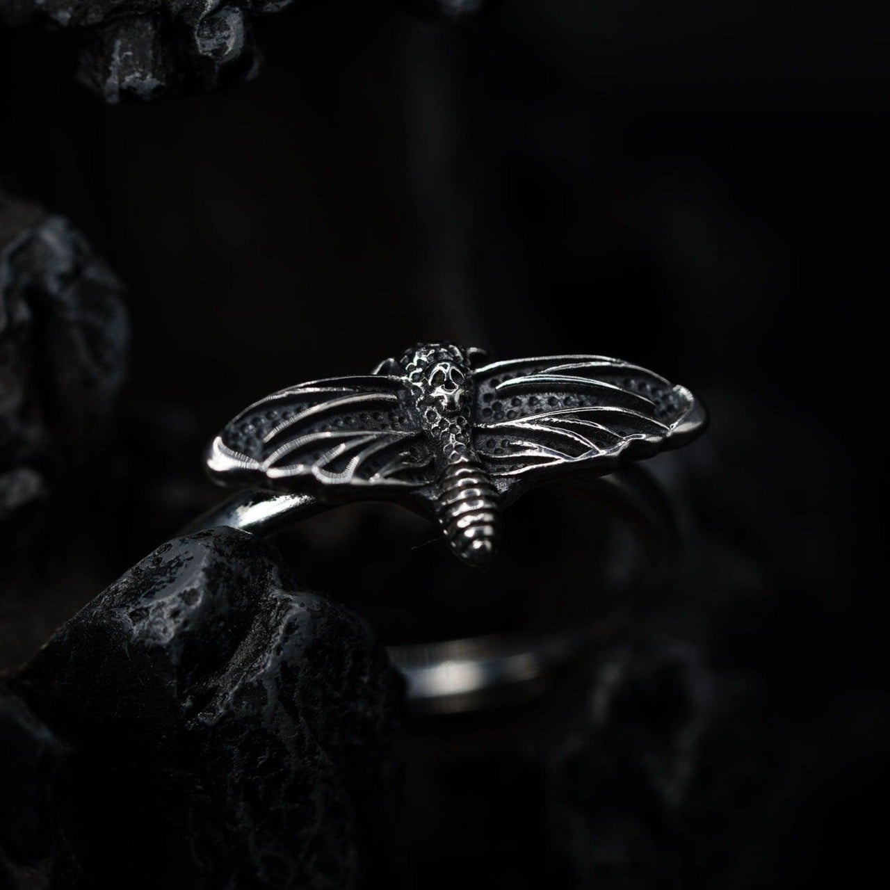 Sterling silver gothic moth ring - Black Feather Design