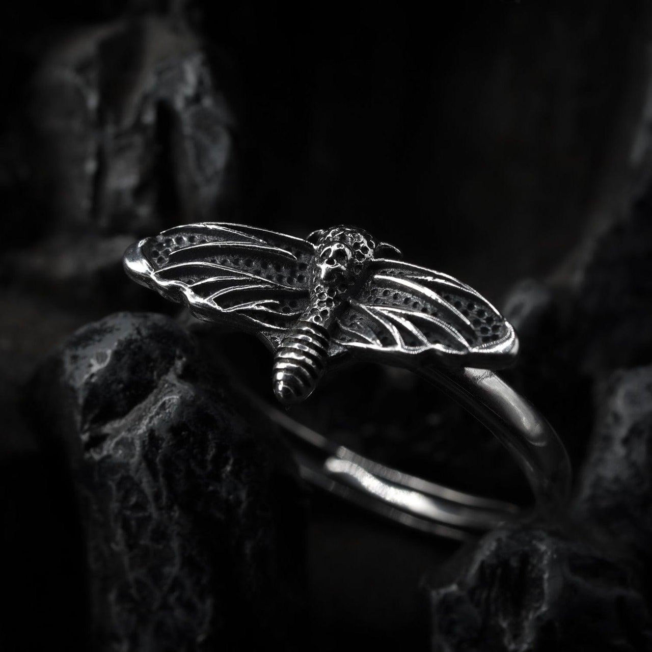 Sterling silver gothic moth ring - Black Feather Design