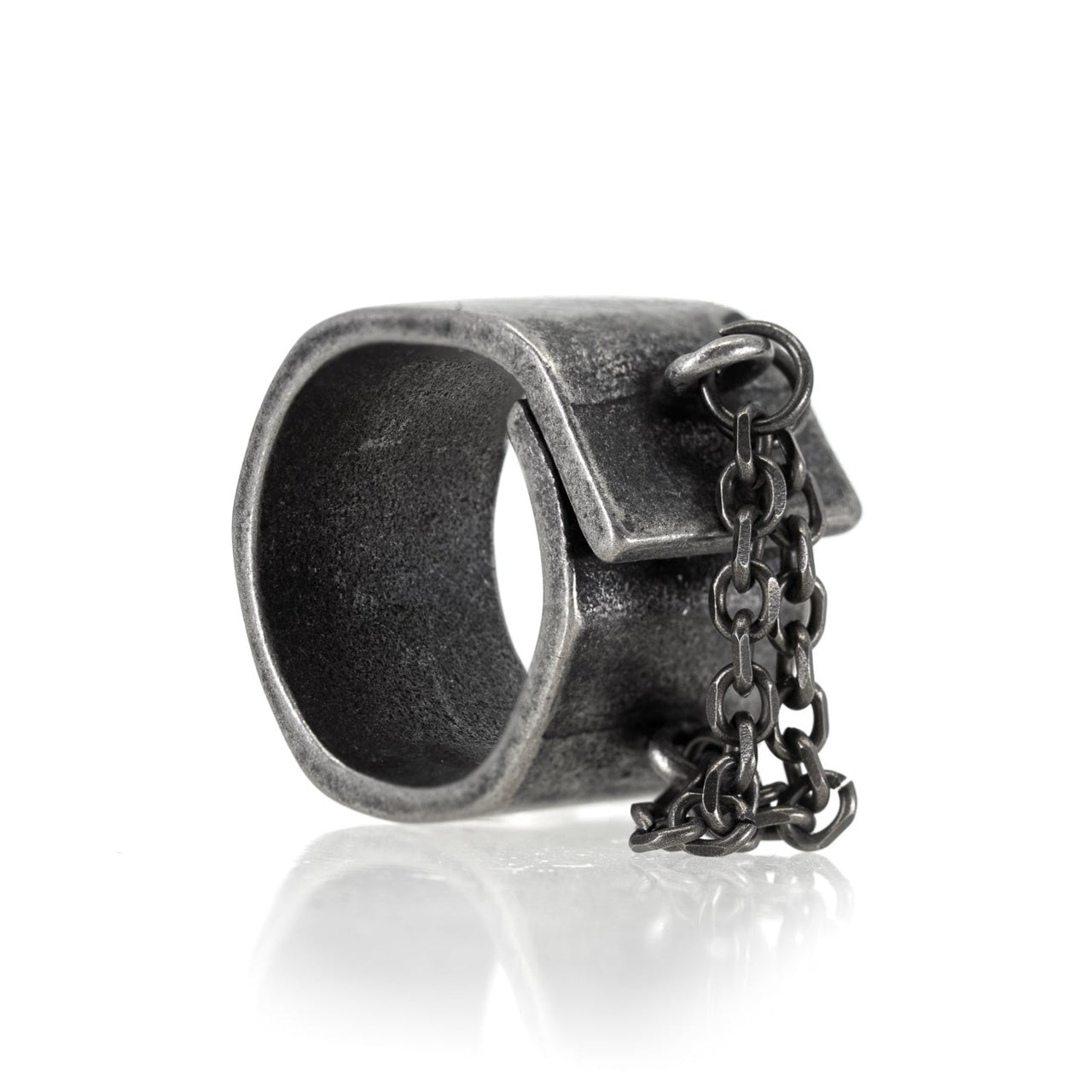 Stainless Steel Chunky Chain Ring - Black Feather Design