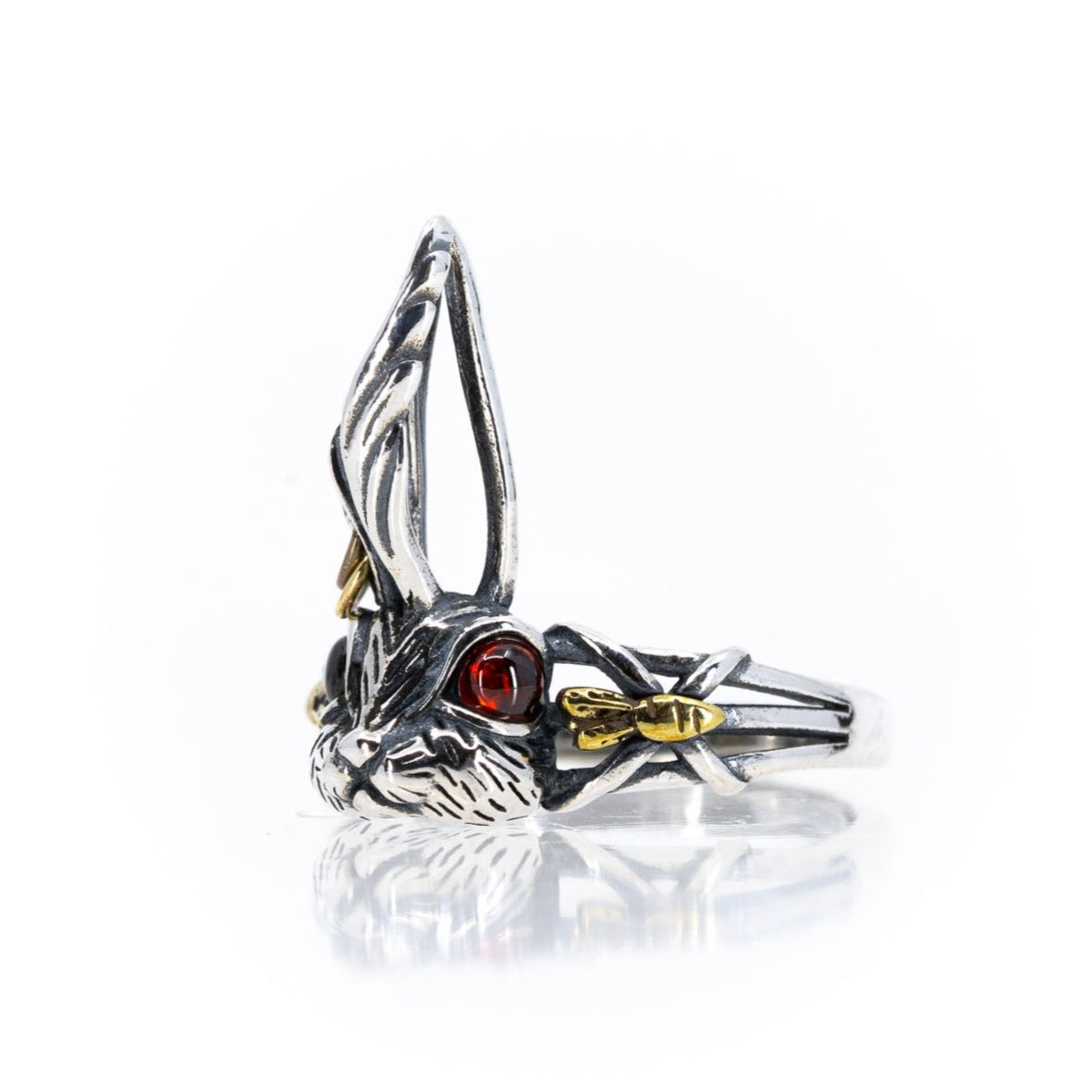 Red eyed rabbit ring with gold carrot detail - Black Feather Design