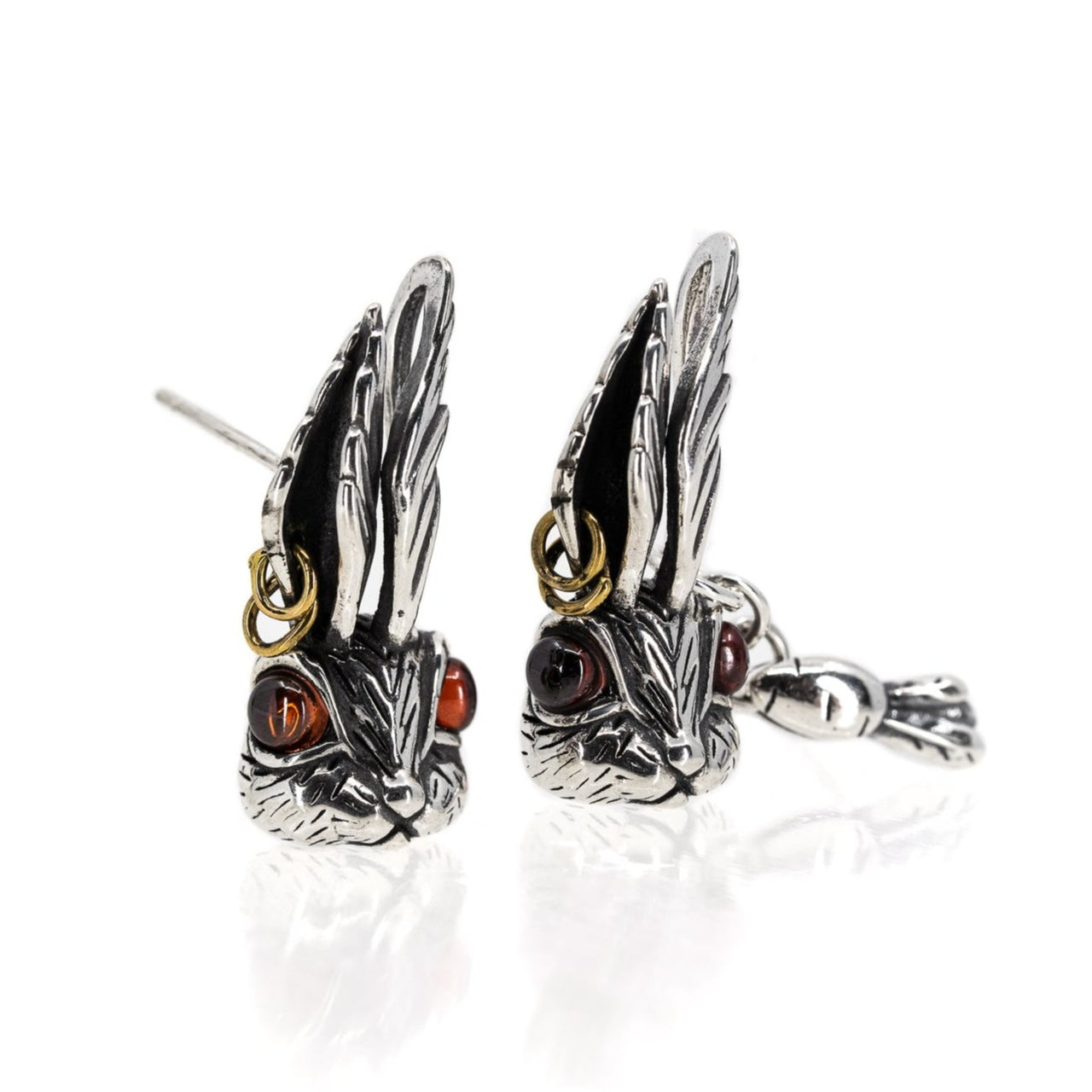 925 Sterling Silver Rabbit Earrings with red eyes and gold details - Black Feather Design
