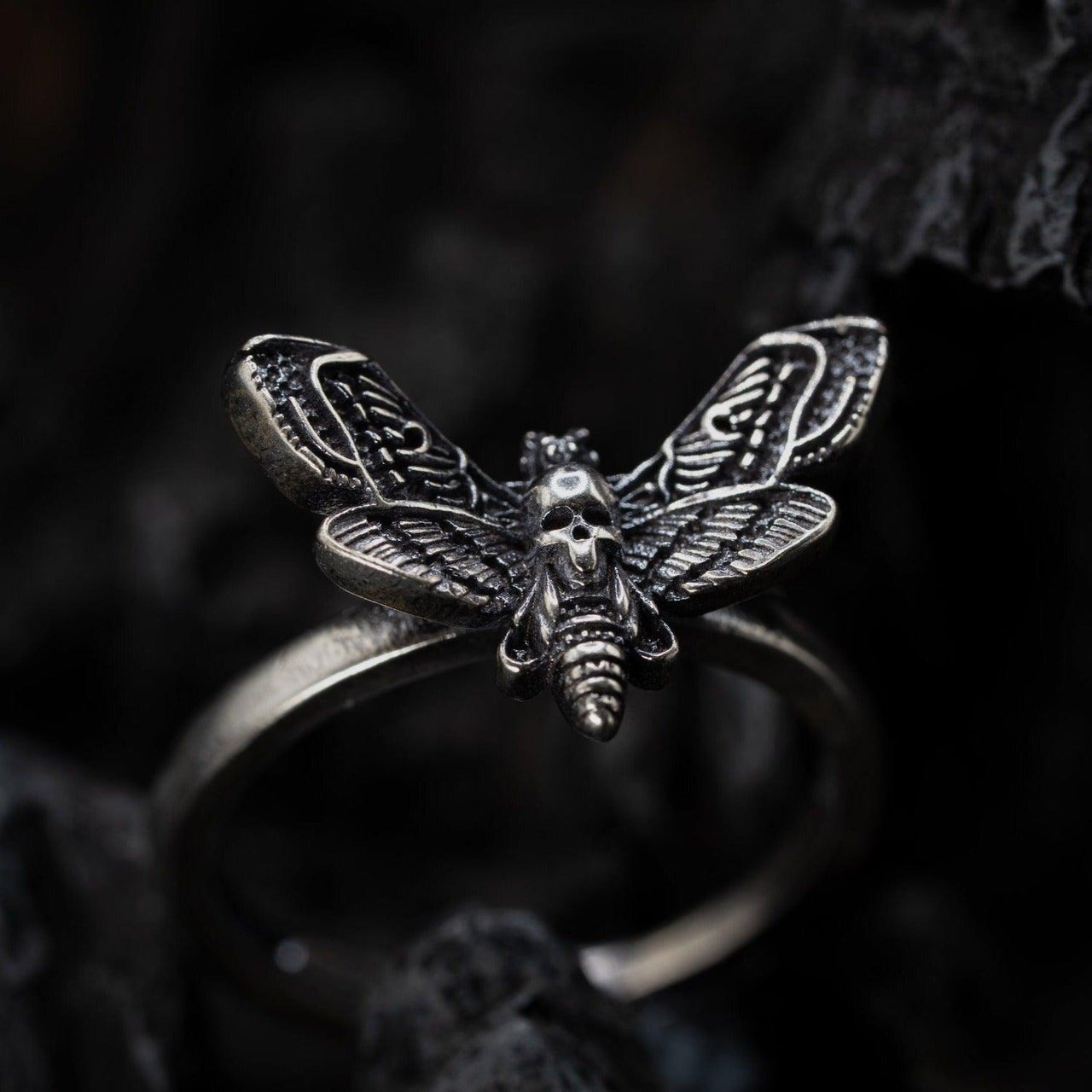 Sterling Silver Death's Head-Hawkmoth Ring - Black Feather Design