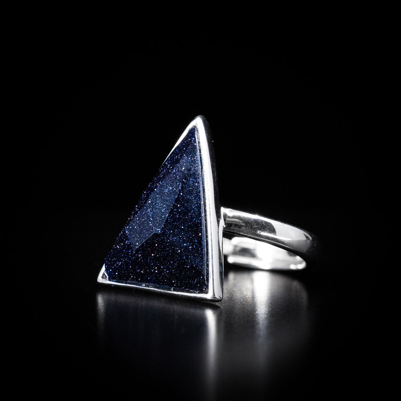 925 Sterling Silver Blue Goldstone Ring - Black Feather Design