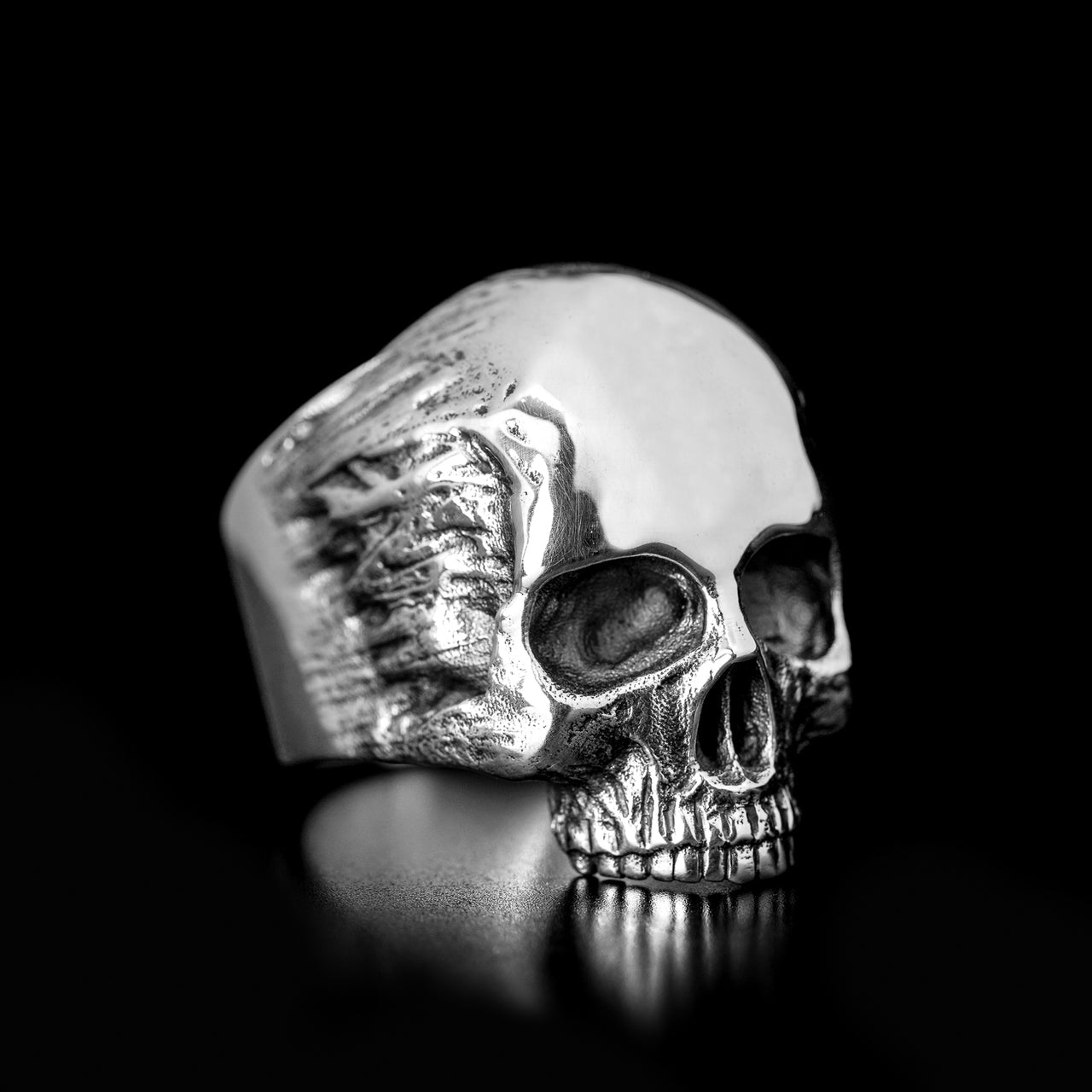 Sterling Silver Gothic Skull Ring - Black Feather Design