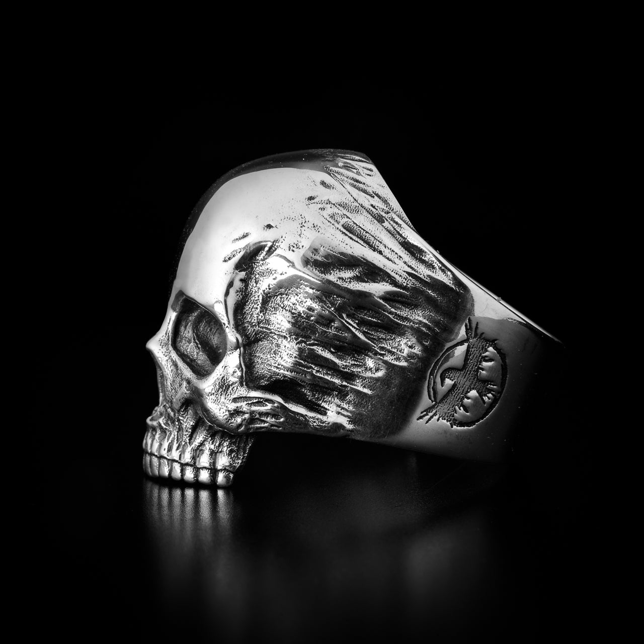 Large Sterling Silver Skull Ring - Black Feather Design