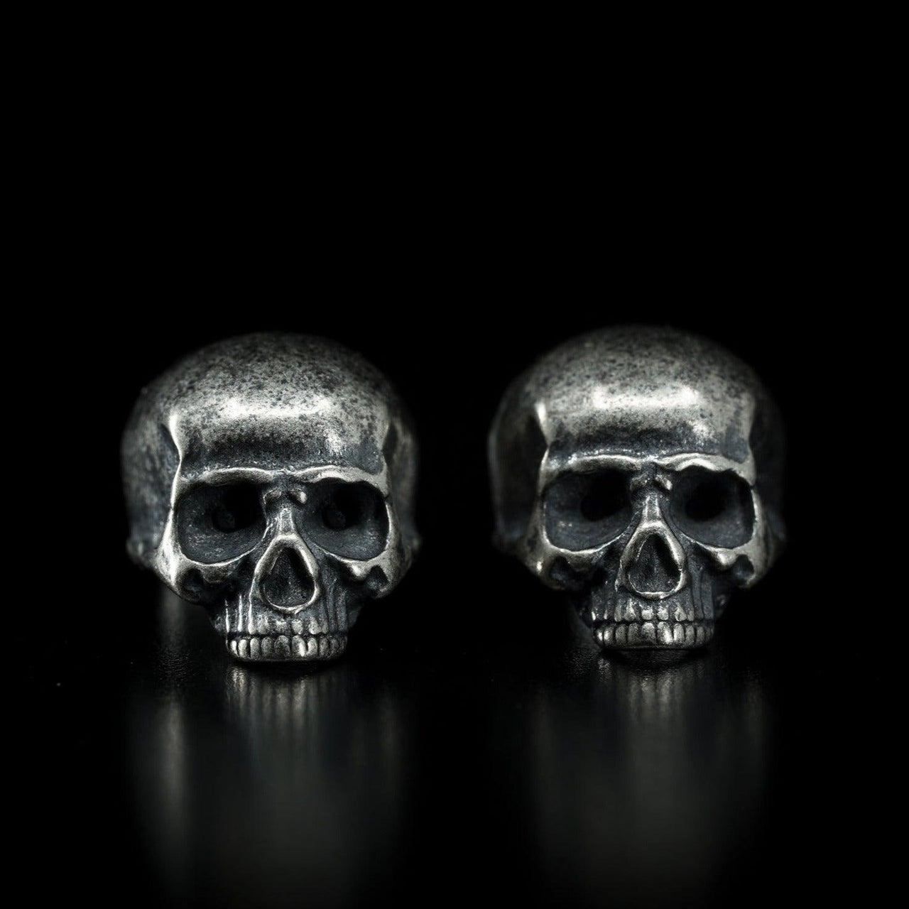 Skull Stud Earrings - Sterling Silver - Black Feather Design