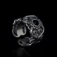 Thumbnail for Black Gem on a 925 Sterling Silver Tibetan Wreath Ring - Black Feather Design