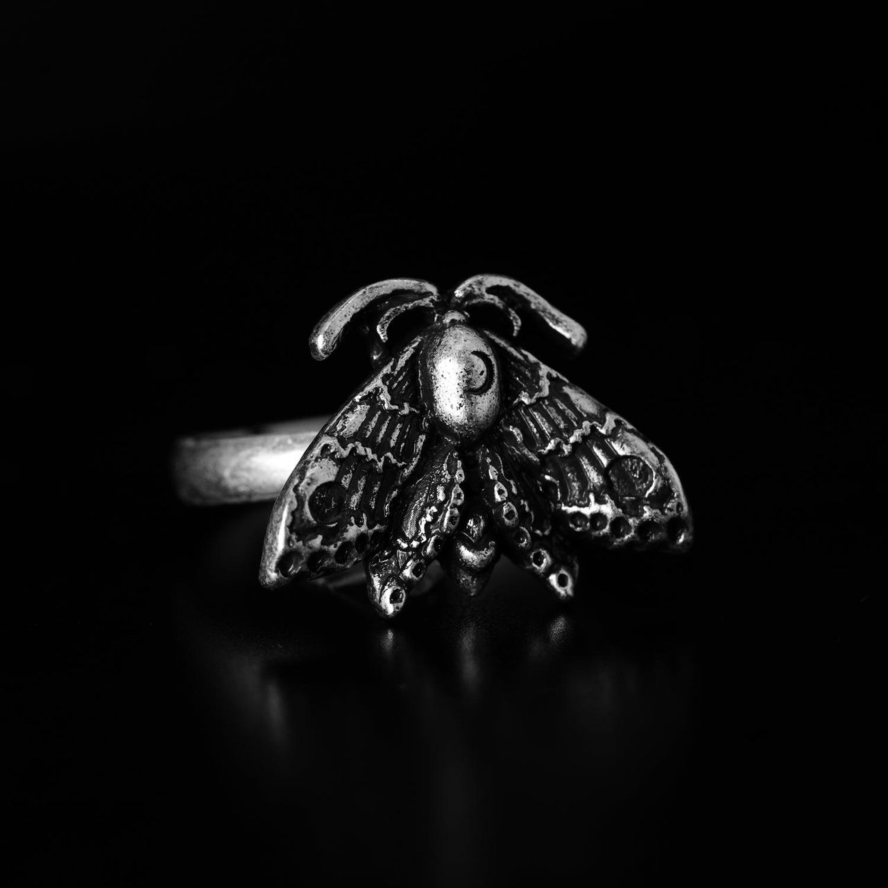 Chunky Moth Ring - Adjustable Witchy Ring - Black Feather Design