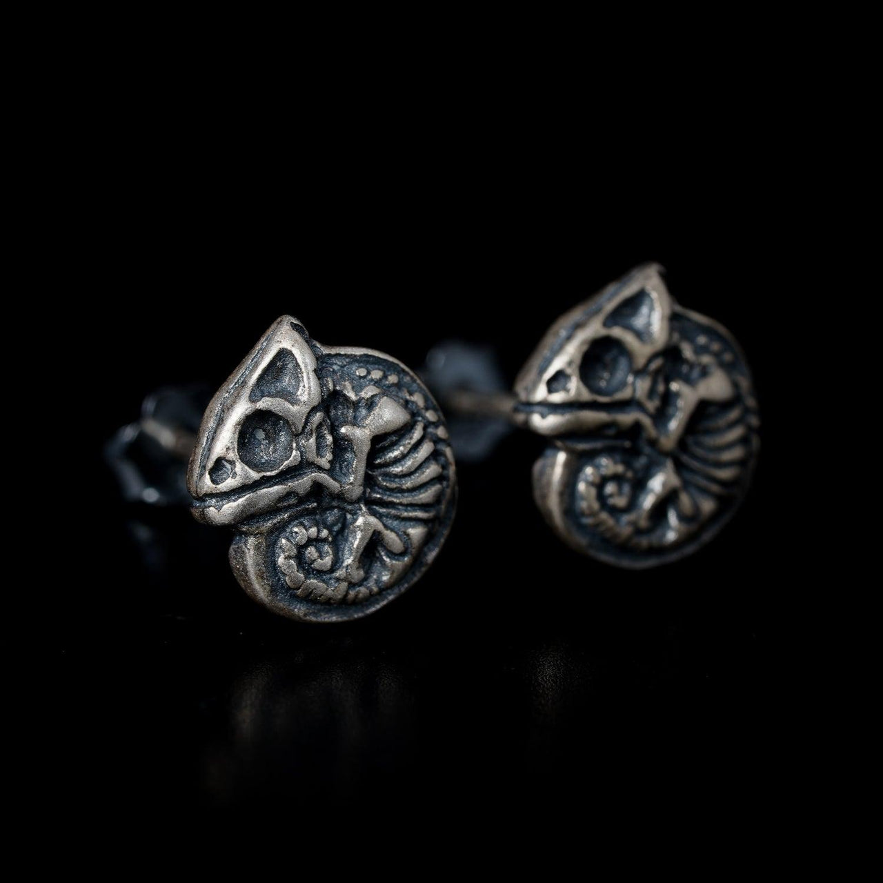 Gothic chameleon Fossil Studs - Black Feather Design