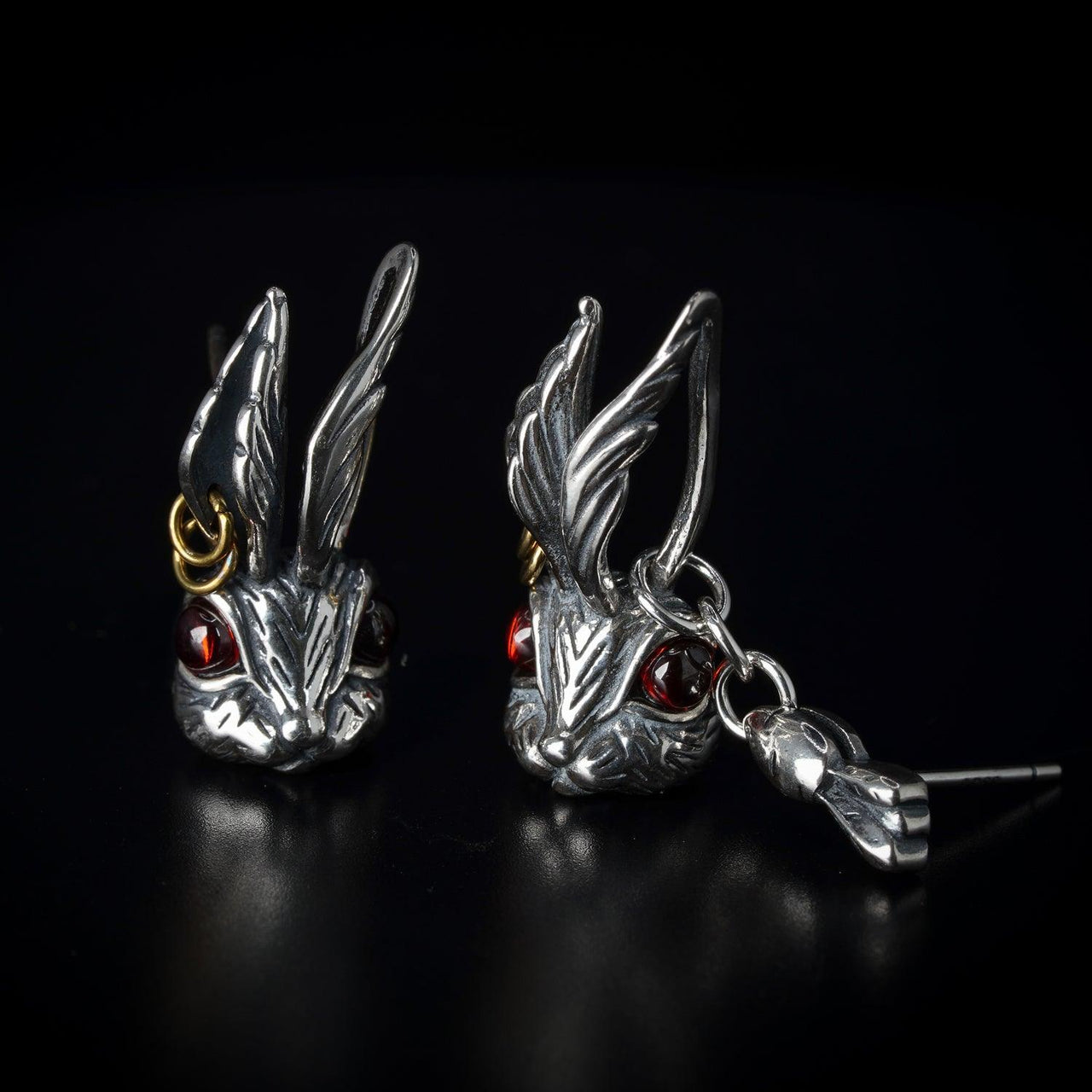 asymmetric rabbit earrings - 925 sterling silver - Black Feather Design