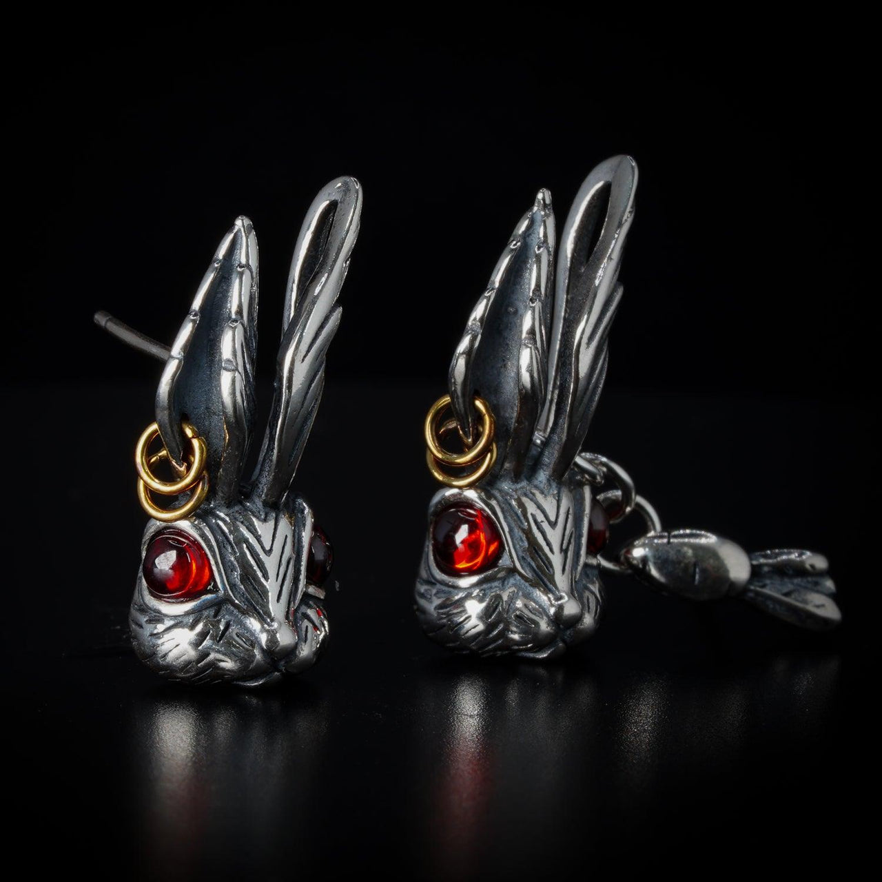 925 Sterling Silver Rabbit Earrings - Black Feather Design