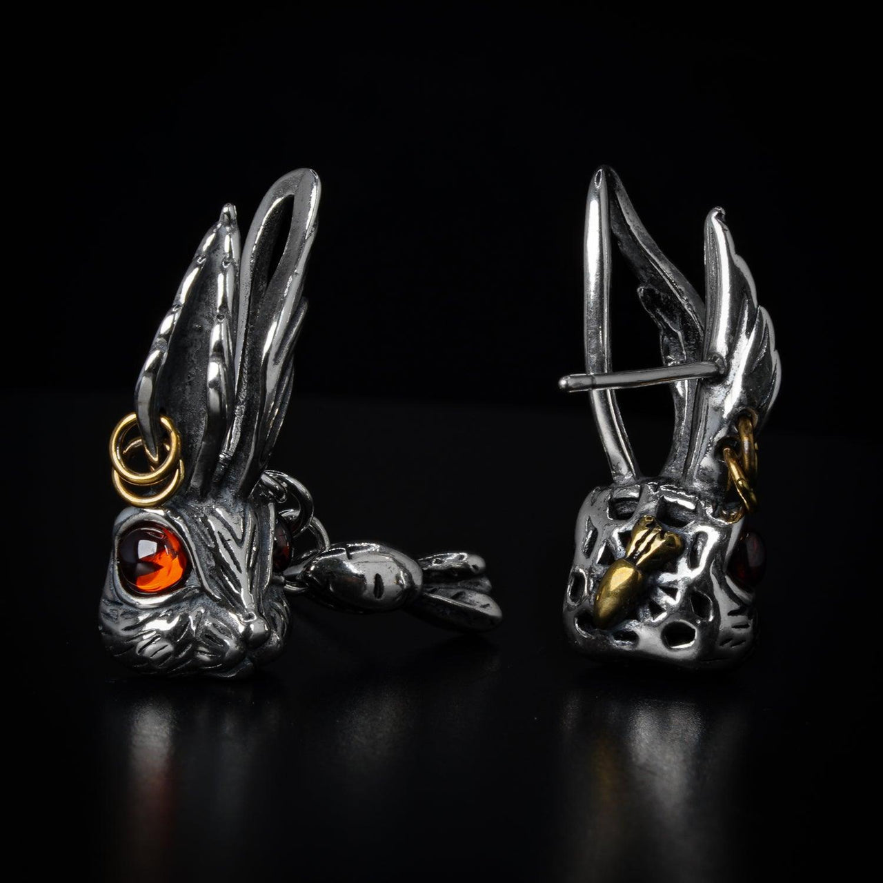 back and front of Gothic Rabbit Earrings by Black Feather Design