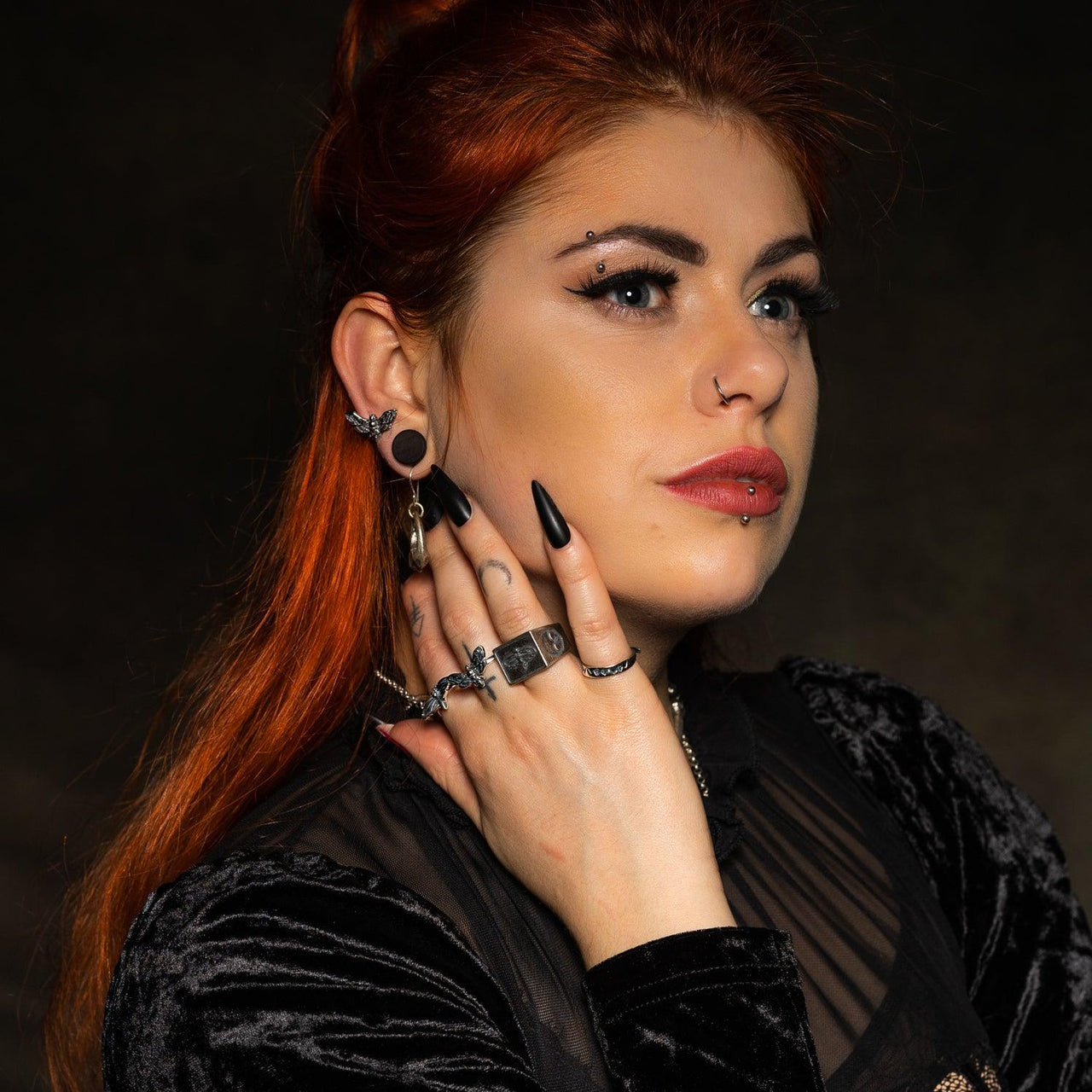 Model Wearing Moth Jewellery Collection by Black Feather Design