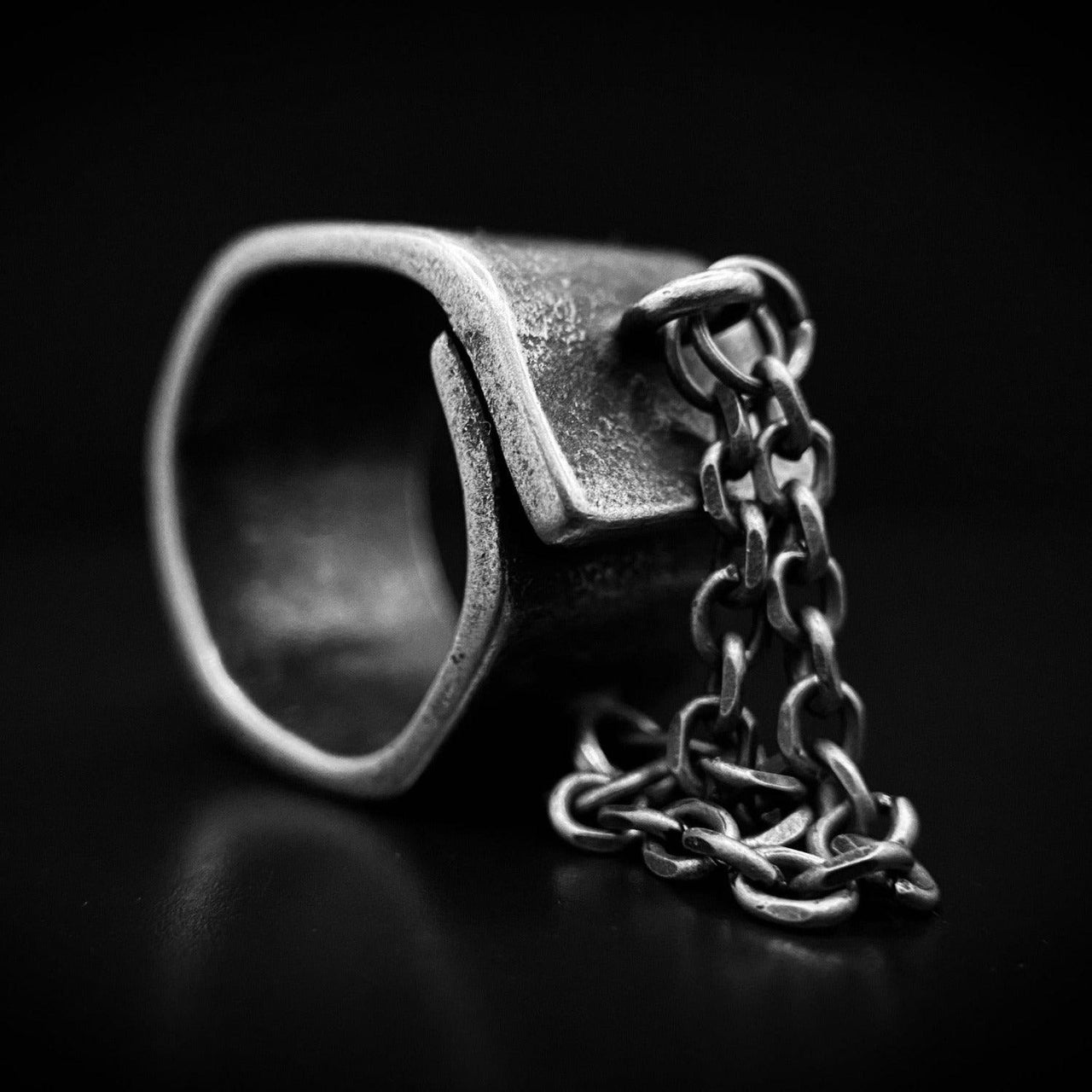 Stainless Steel Chunky Industrial Chain Ring - Black Feather Design