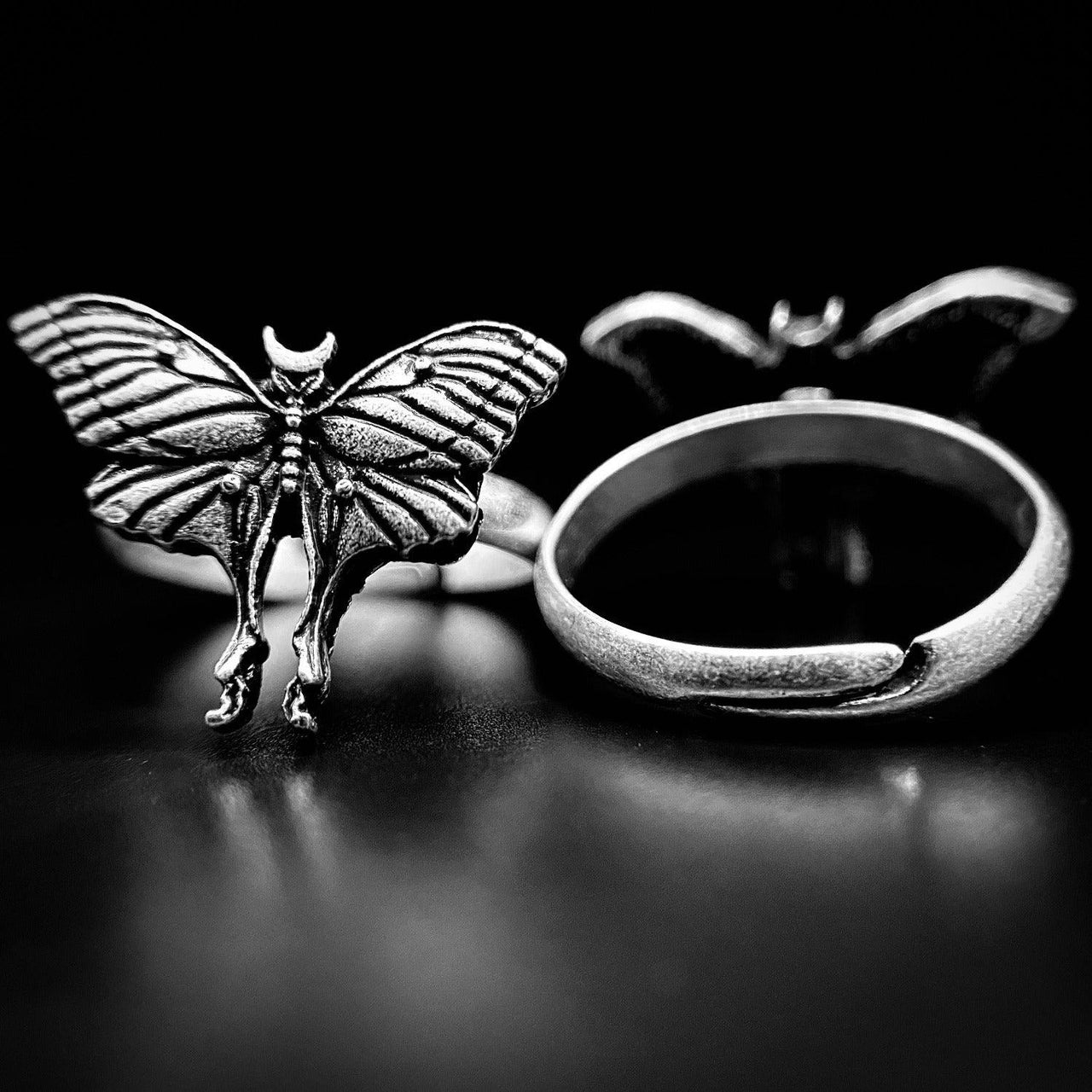 Gothic Luna Moth Ring - Black Feather Design