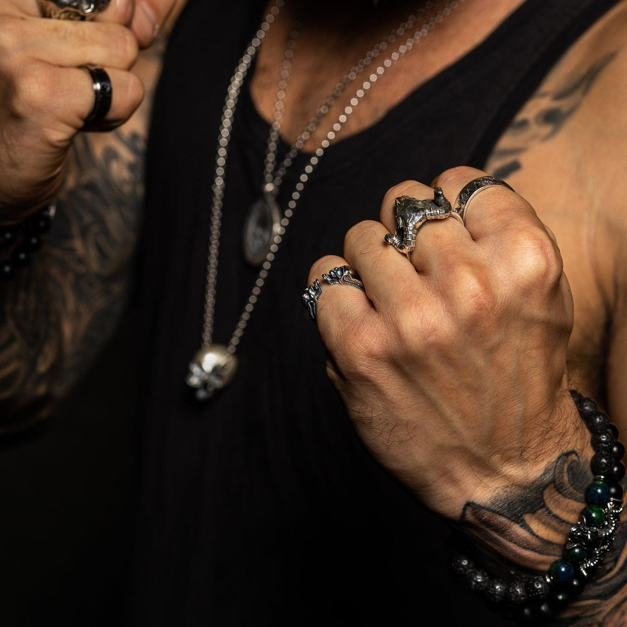 Ben Poole wearing Black Feather Design Gothic Jewellery